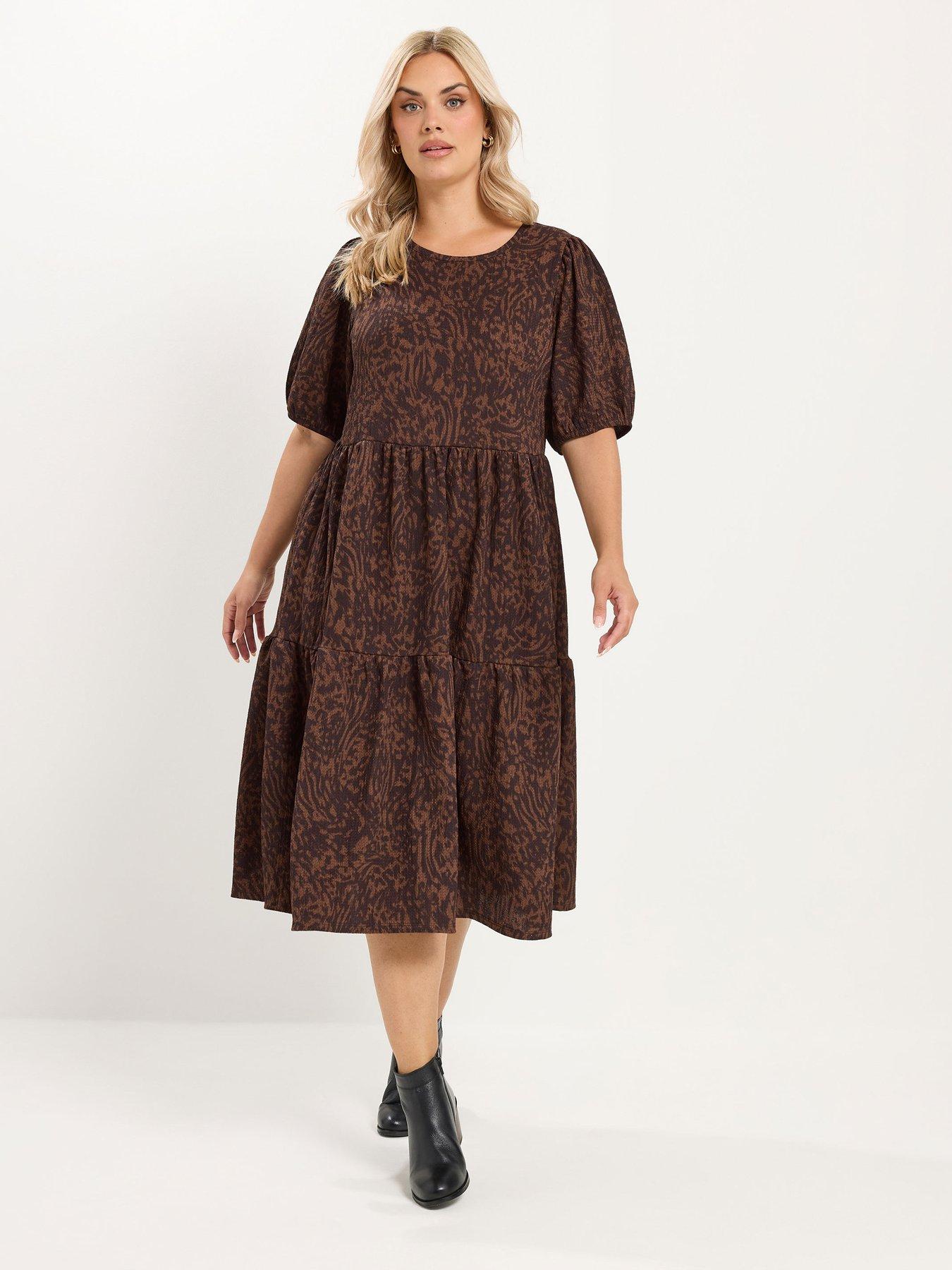 Yours Curve Puff Sleeve Tiered Dress - Brown