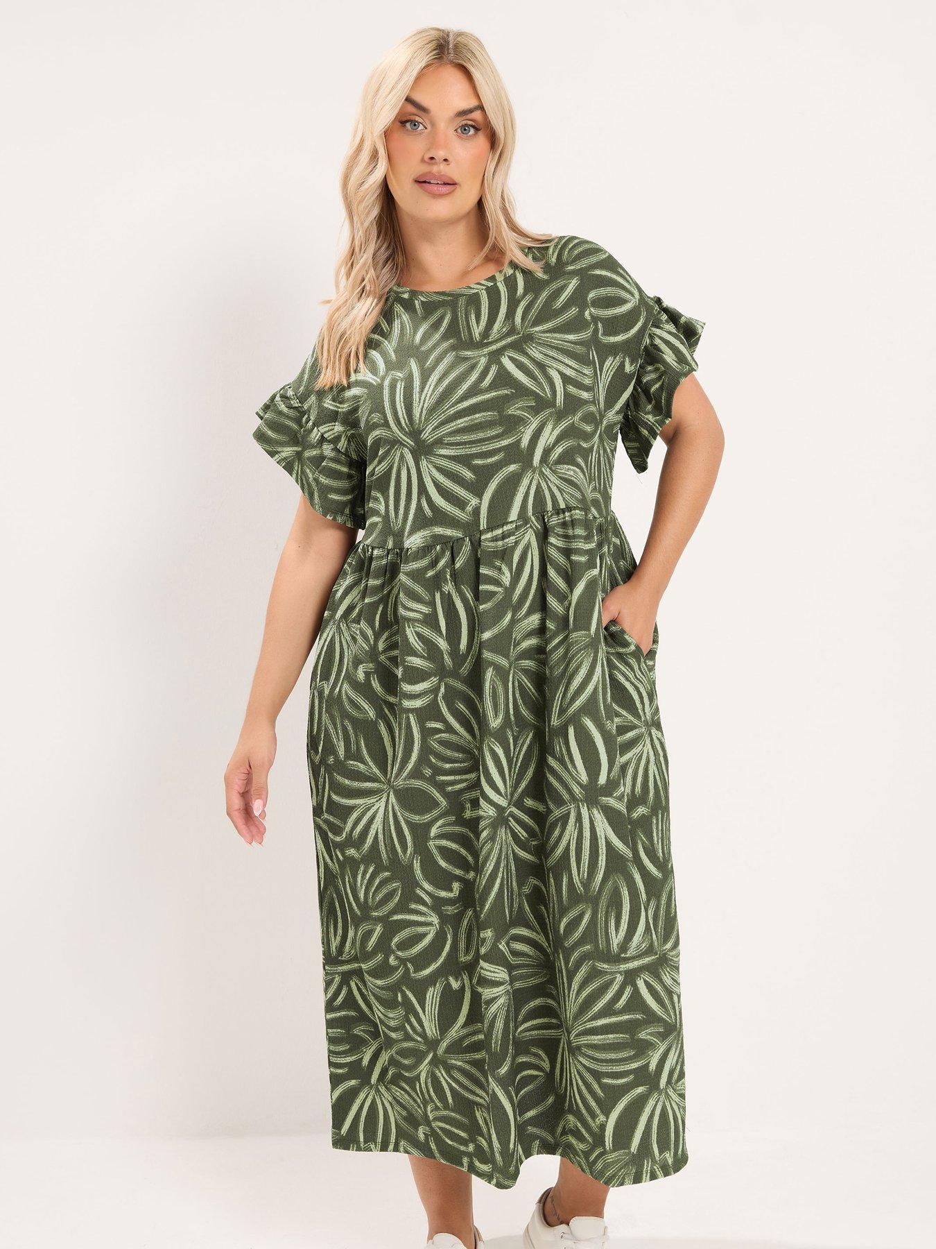 Image 1 of 4 of Yours Womens Curve Frill Sleeve Maxi Dress - Green