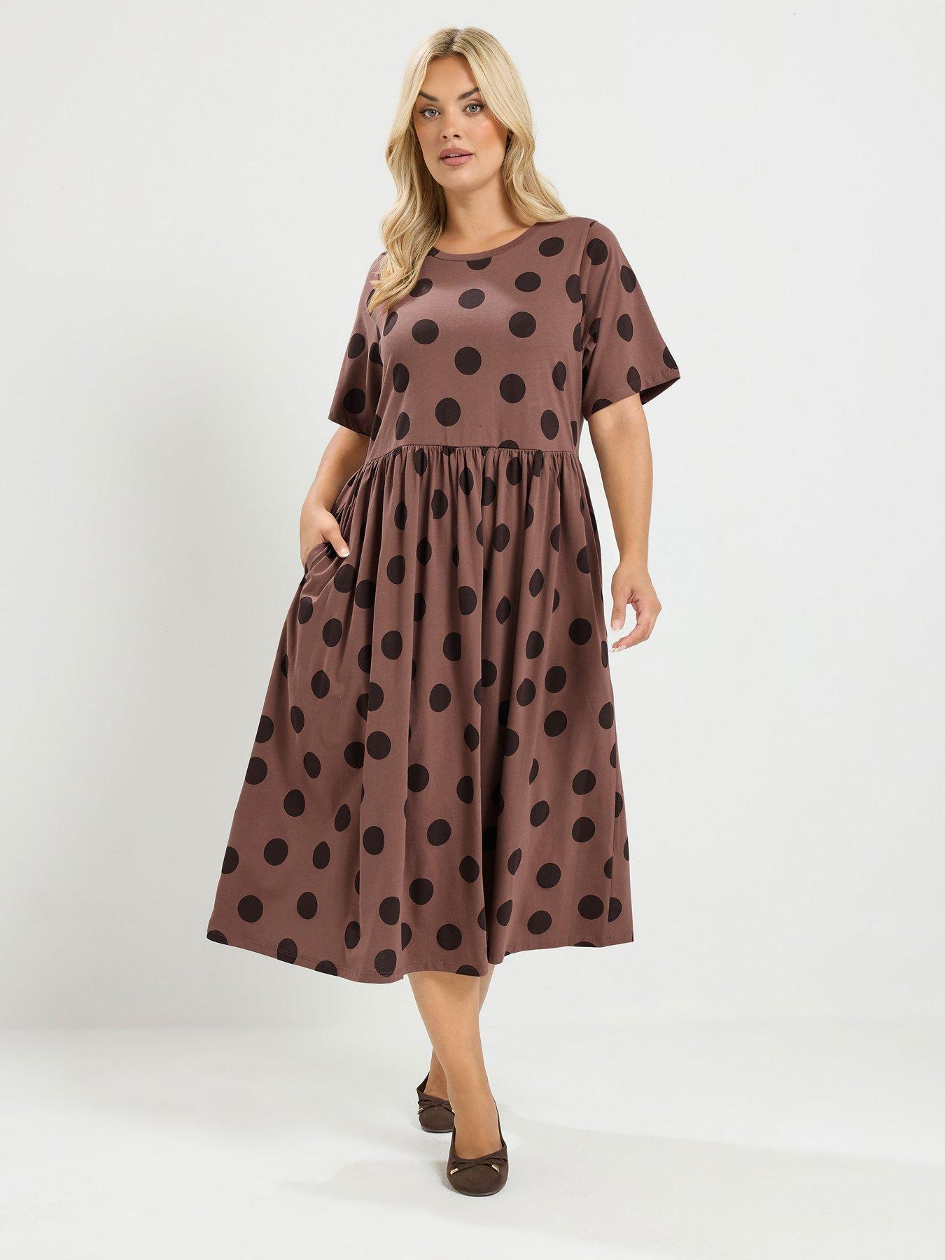 Yours Curve Polka Dot Dress - Brown