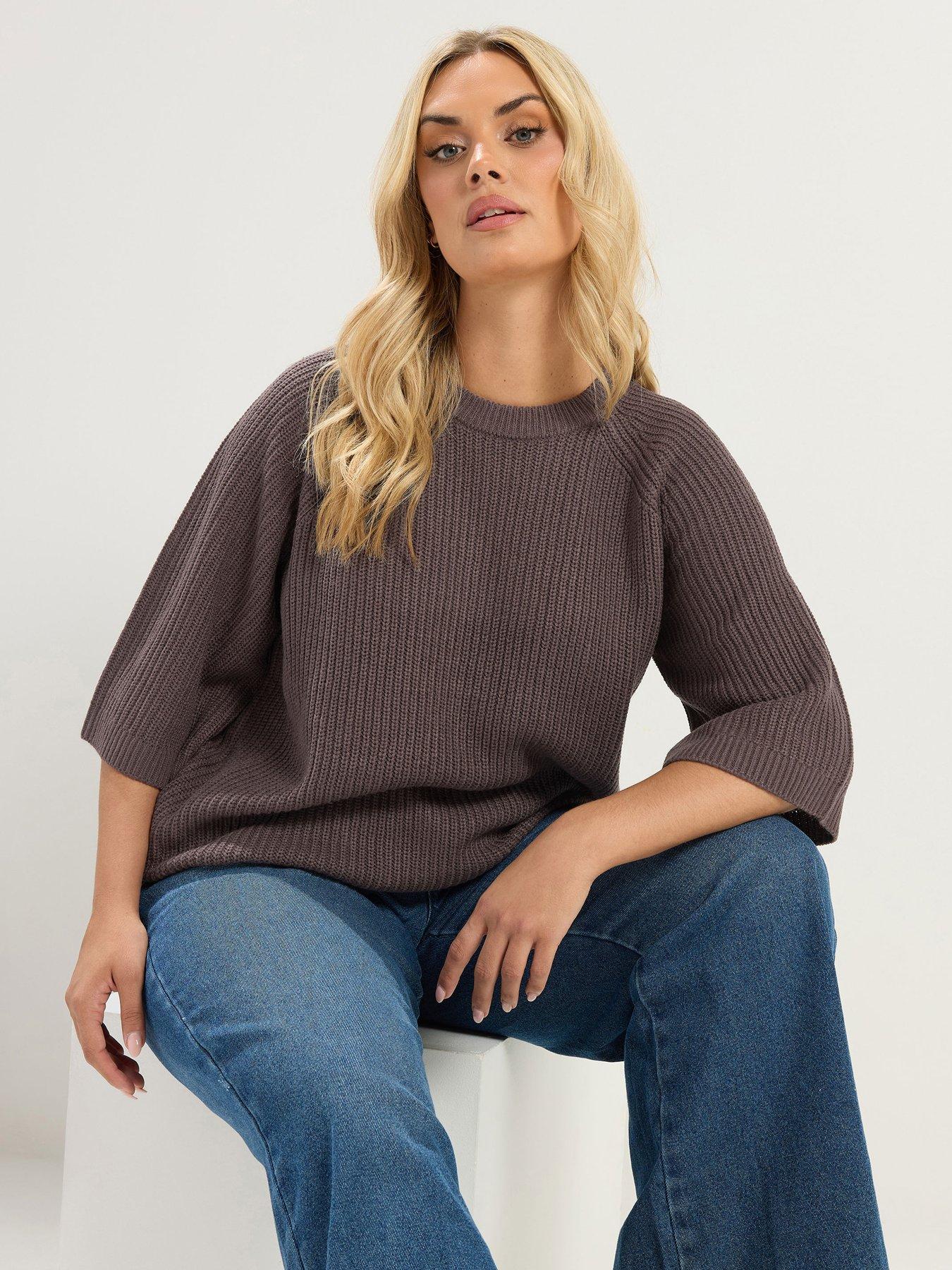 Image 1 of 4 of Yours Curve Short Sleeve Knitted Top - Brown