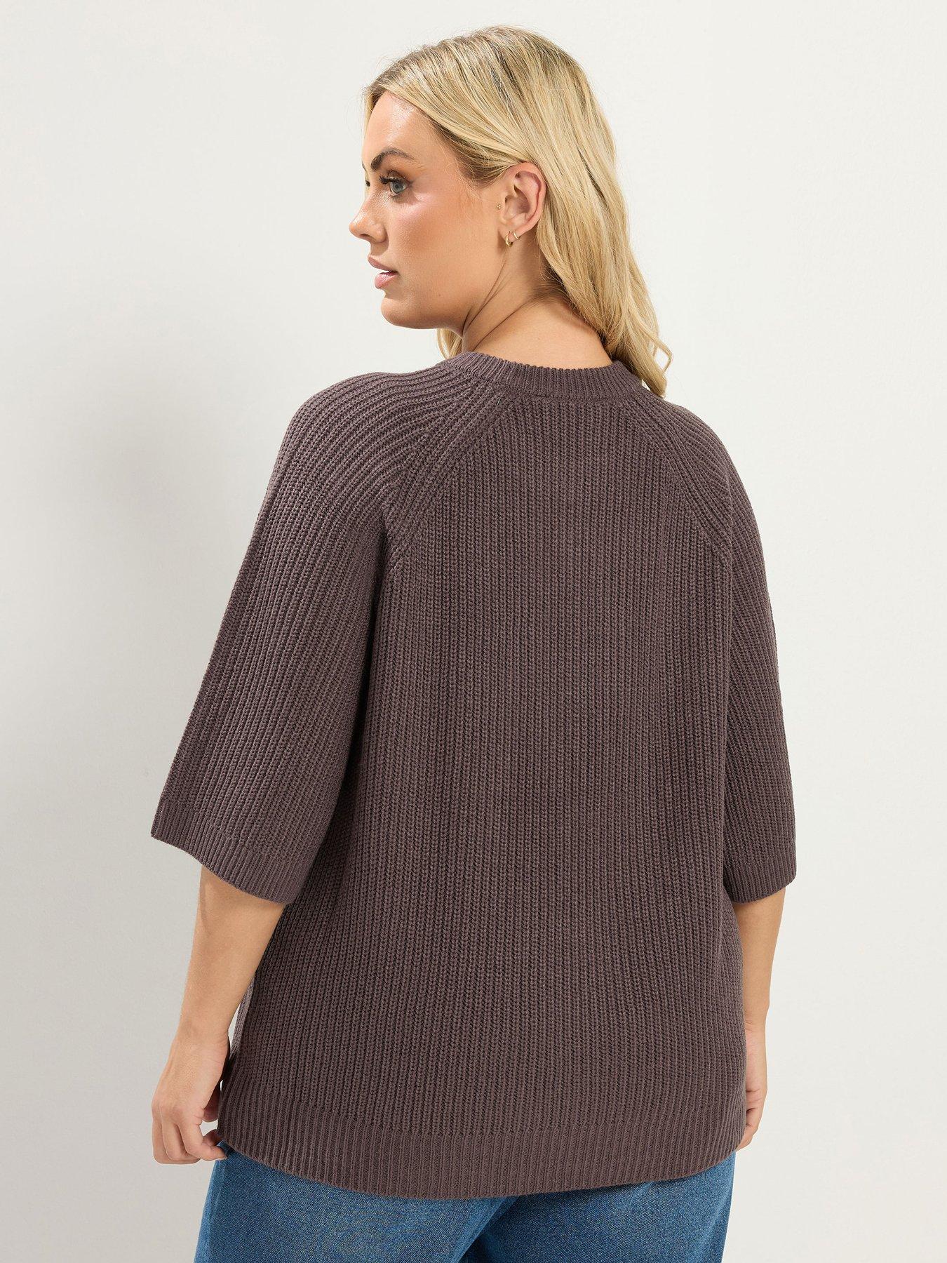 Image 2 of 4 of Yours Curve Short Sleeve Knitted Top - Brown