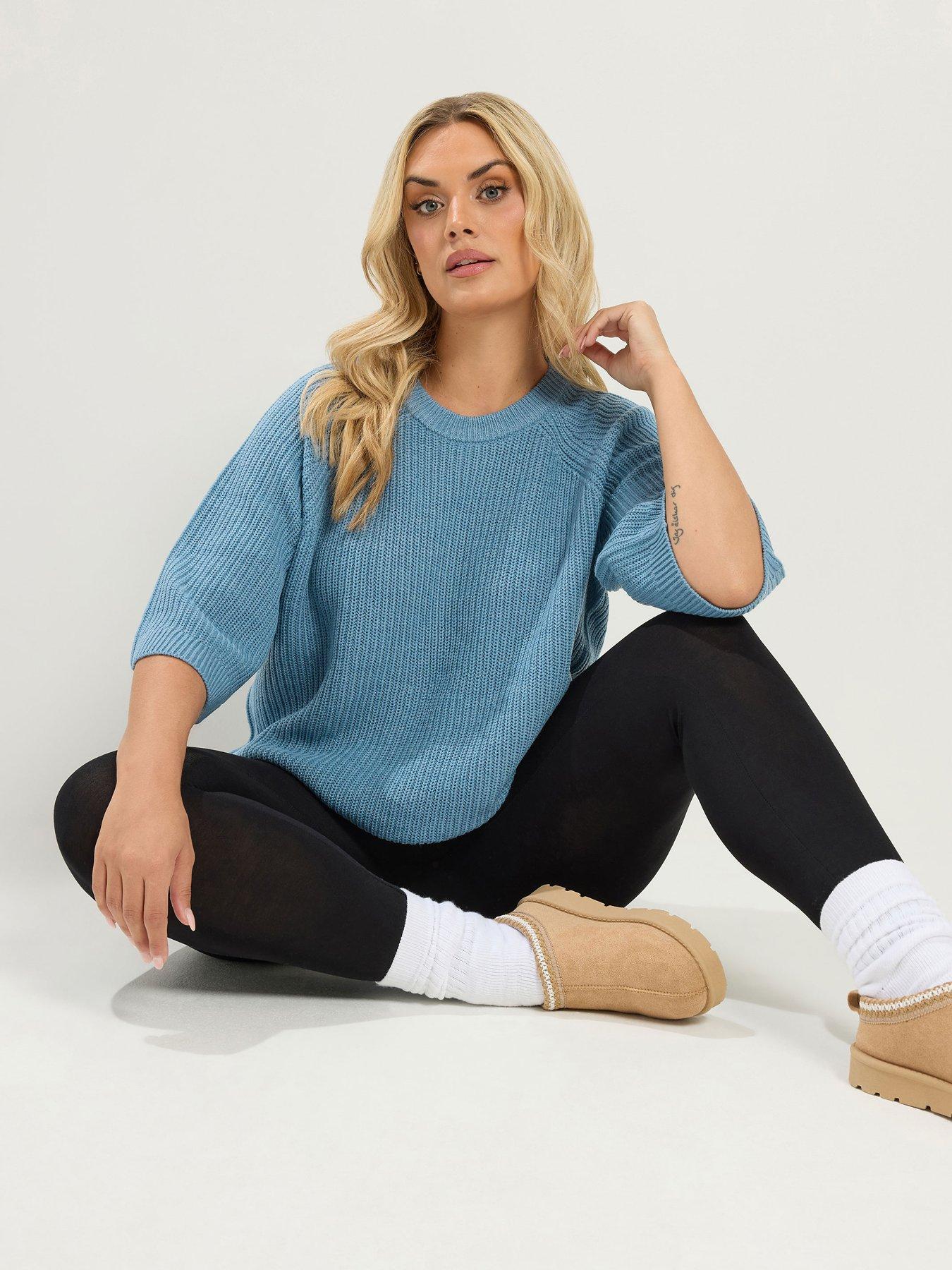 Yours Curve Short Sleeve Knitted Top - Blue