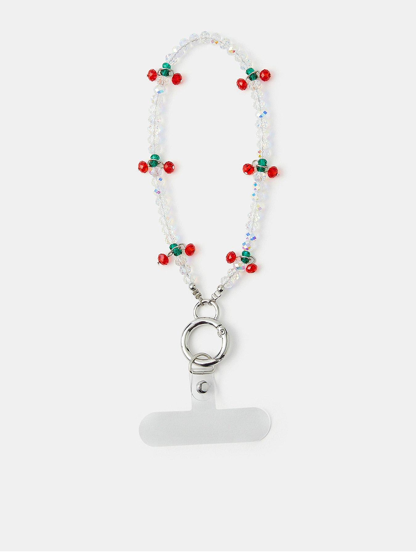Accessorize Cherry Beaded Wrist Strap Phone Charm - Silver