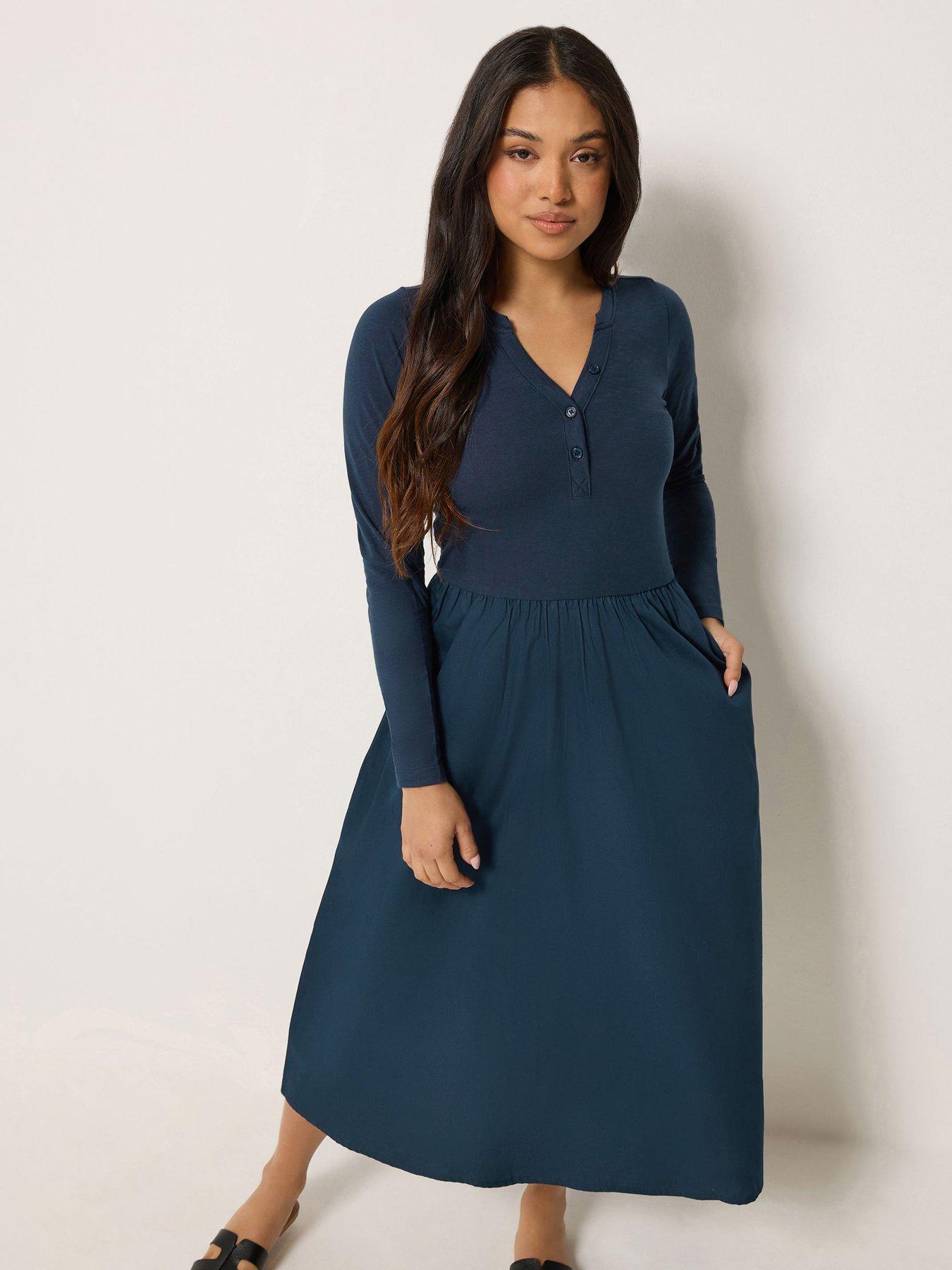 PixieGirl Petite Henley Poplin Skirt Midi Dress - Blue