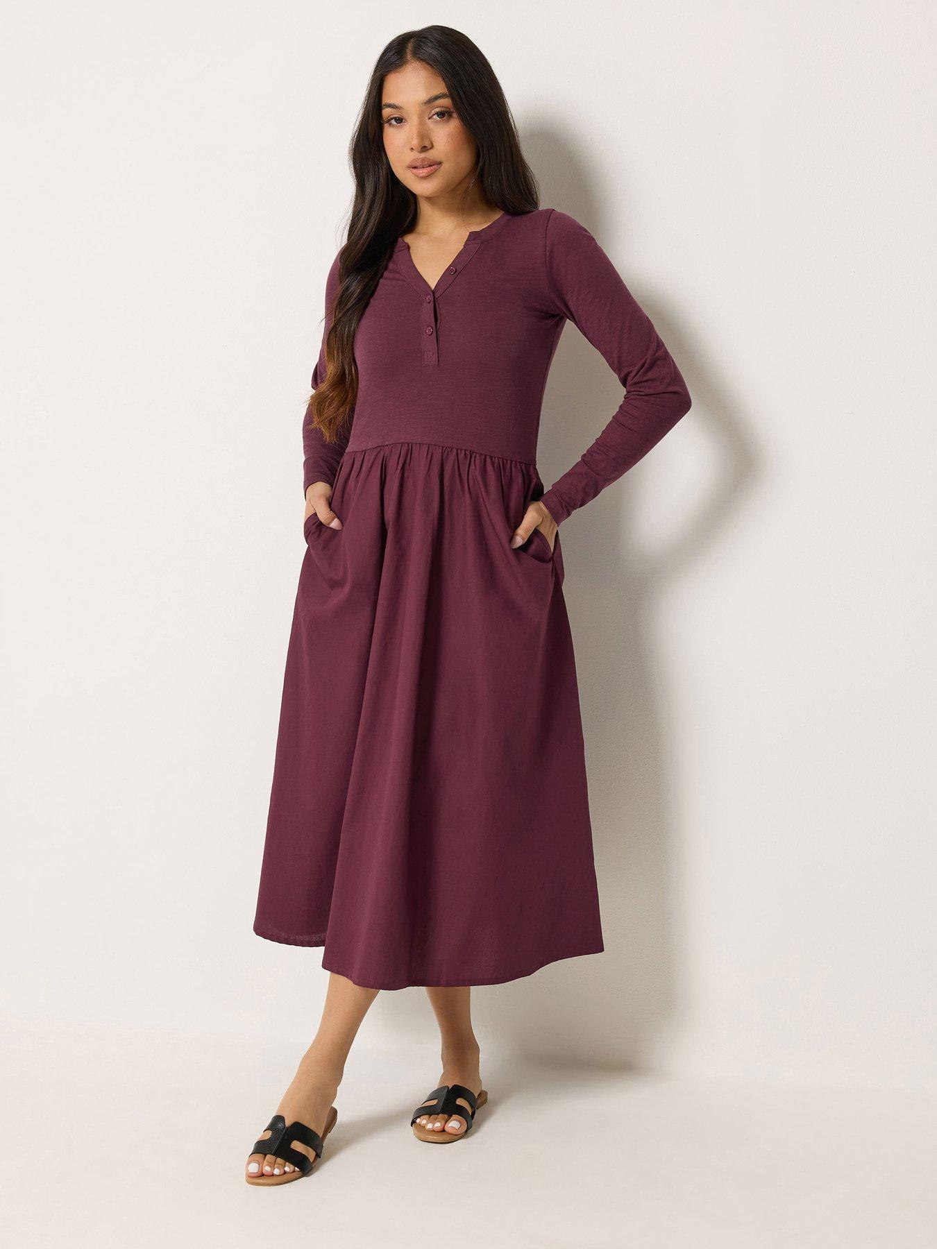 PixieGirl Petite Henley Poplin Skirt Midi Dress - Burgundy Red