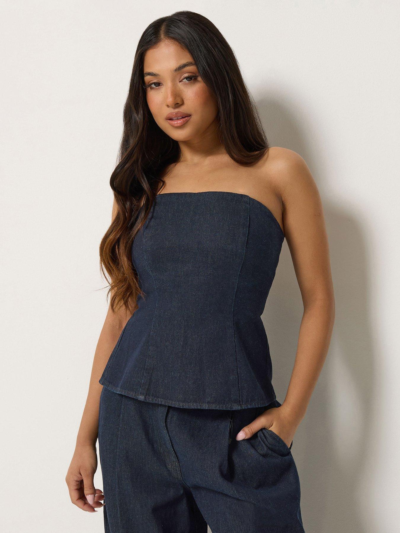 PixieGirl Petite Denim Bandeau Top - Dark Blue