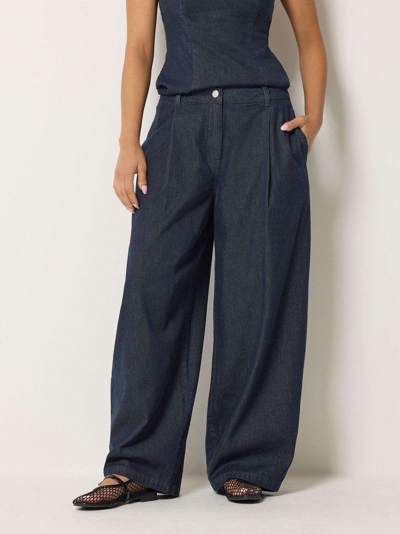 PixieGirl Petite Pleated Wide Leg Jeans - Dark Blue