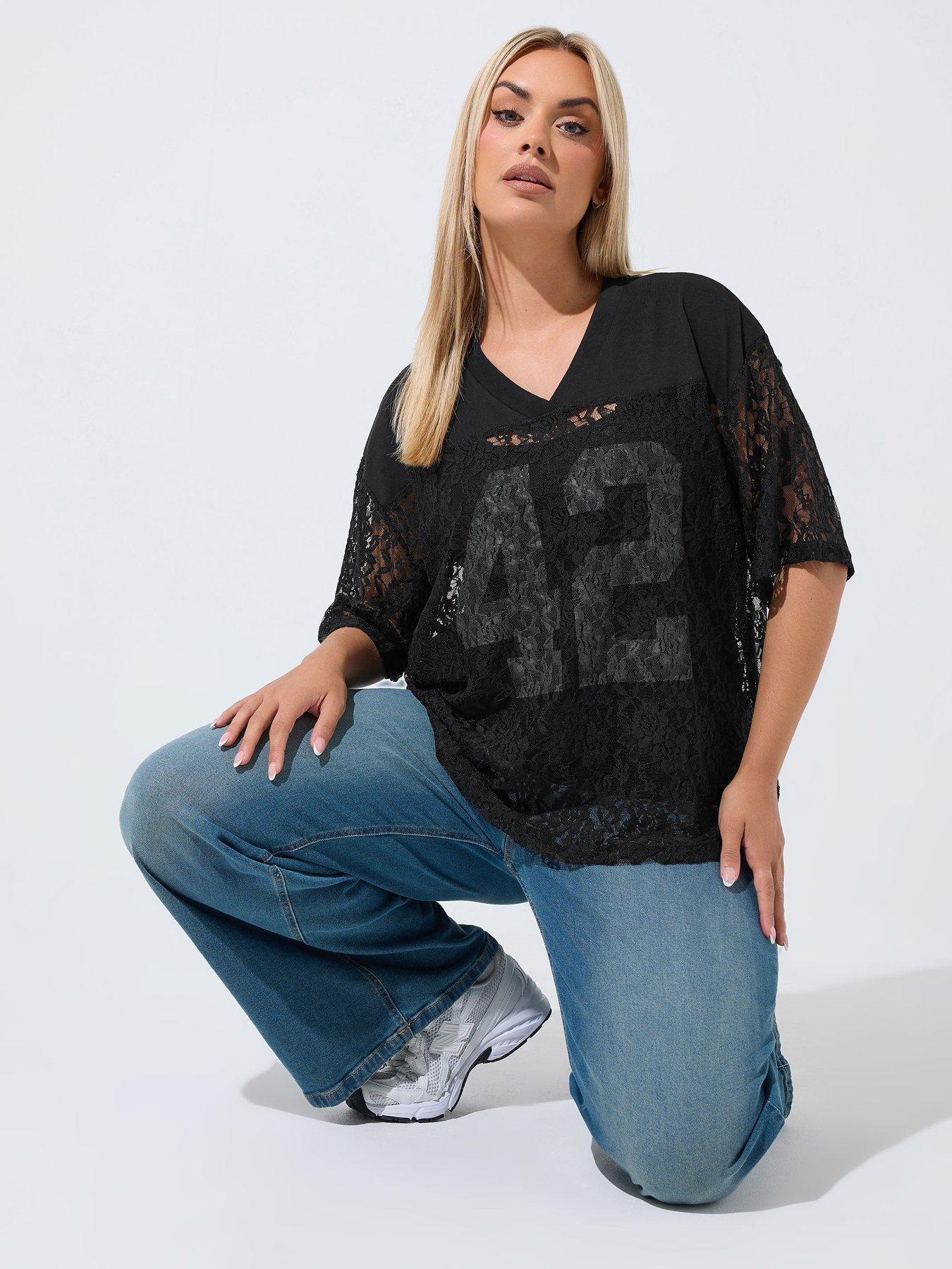 Image 1 of 4 of Yours Womens Plus Size Lace V-Neck Relaxed Blouse - Black
