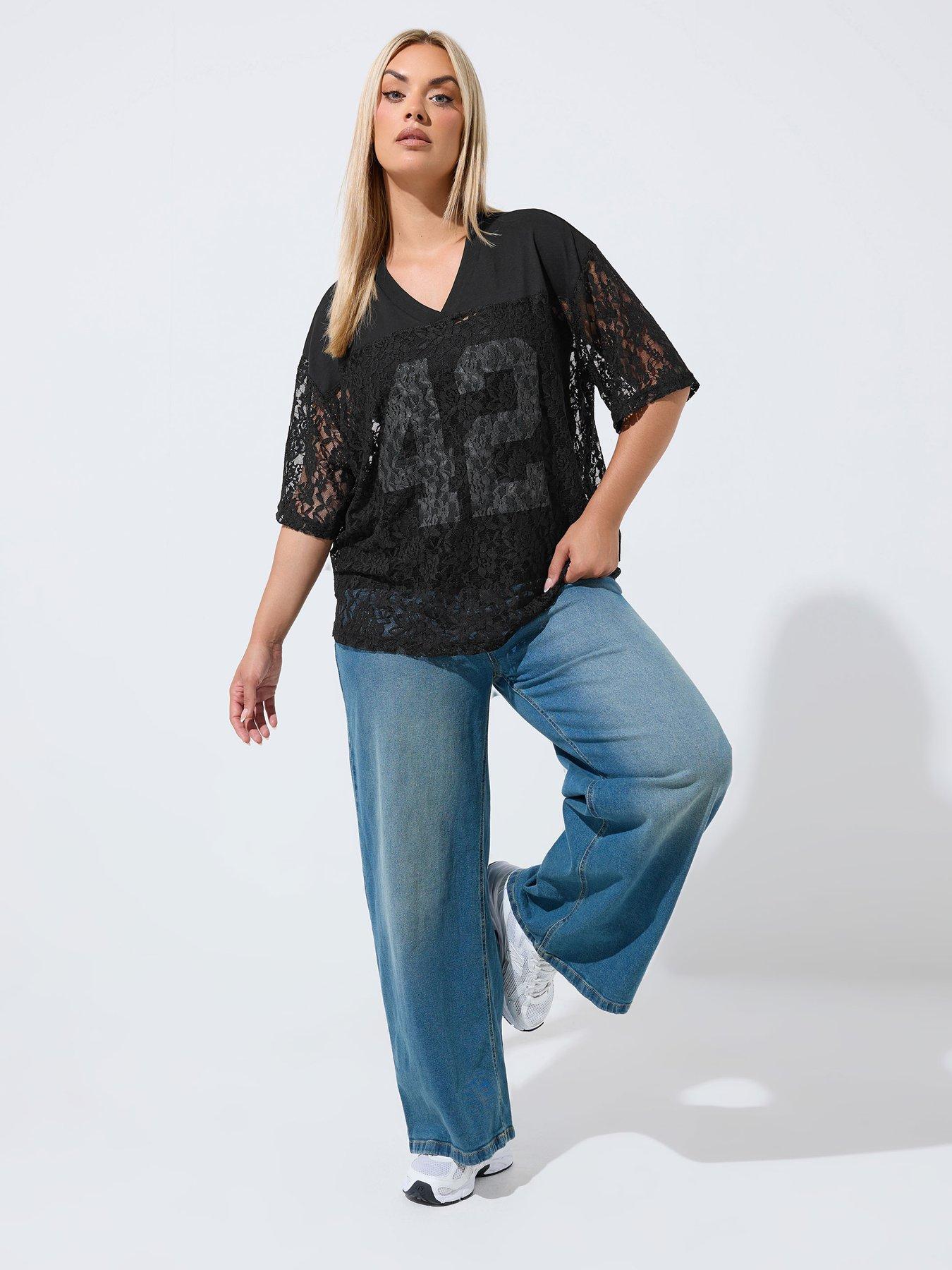 Image 3 of 4 of Yours Womens Plus Size Lace V-Neck Relaxed Blouse - Black