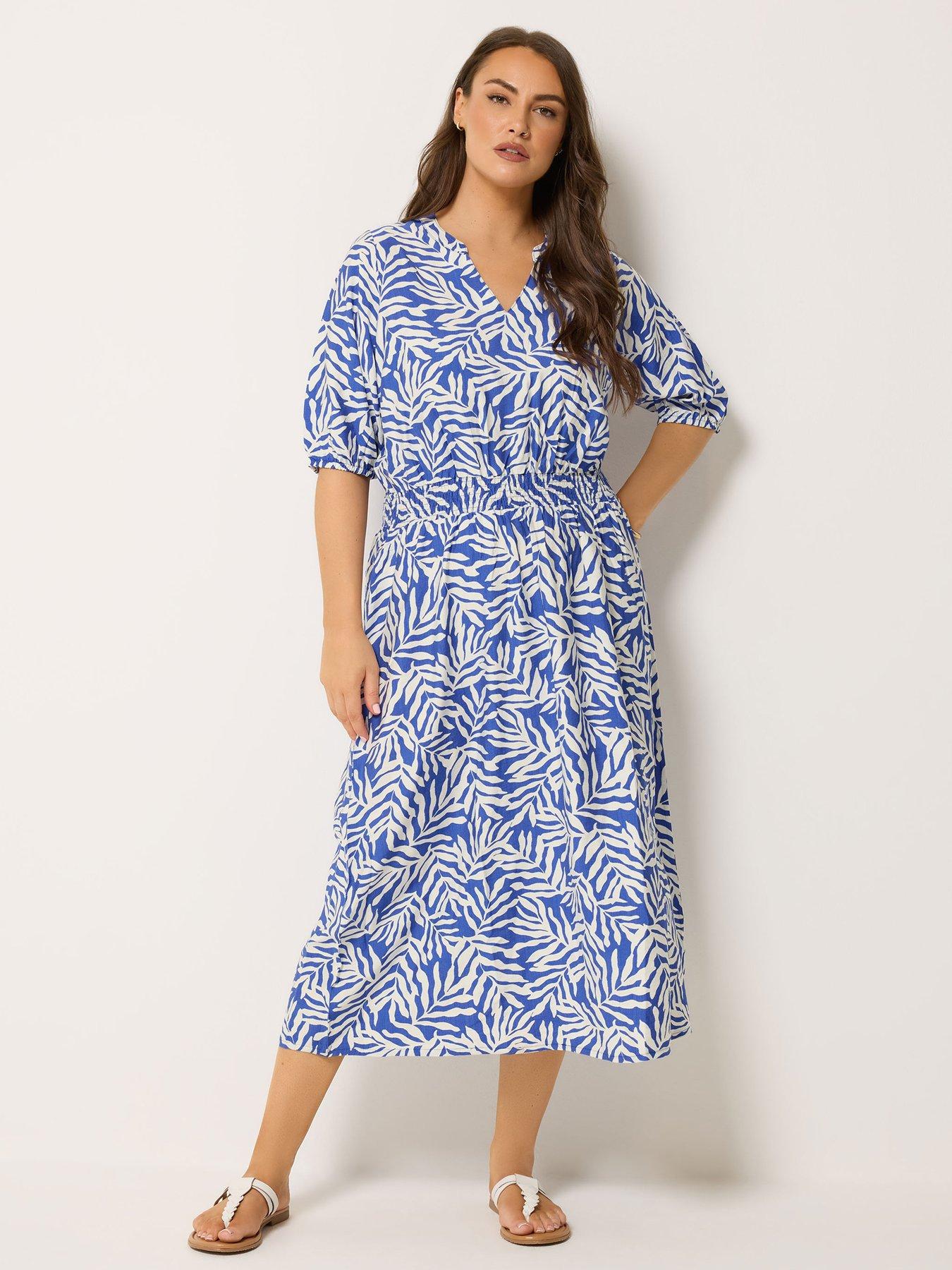 Yours YOURS Curve Leaf Print Notch Neck Dress - Blue