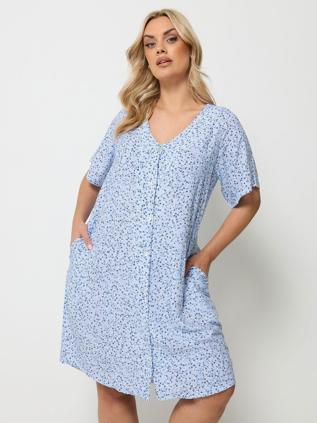 Yours Curve Ditsy Floral Button Through Tunic Dress - Blue