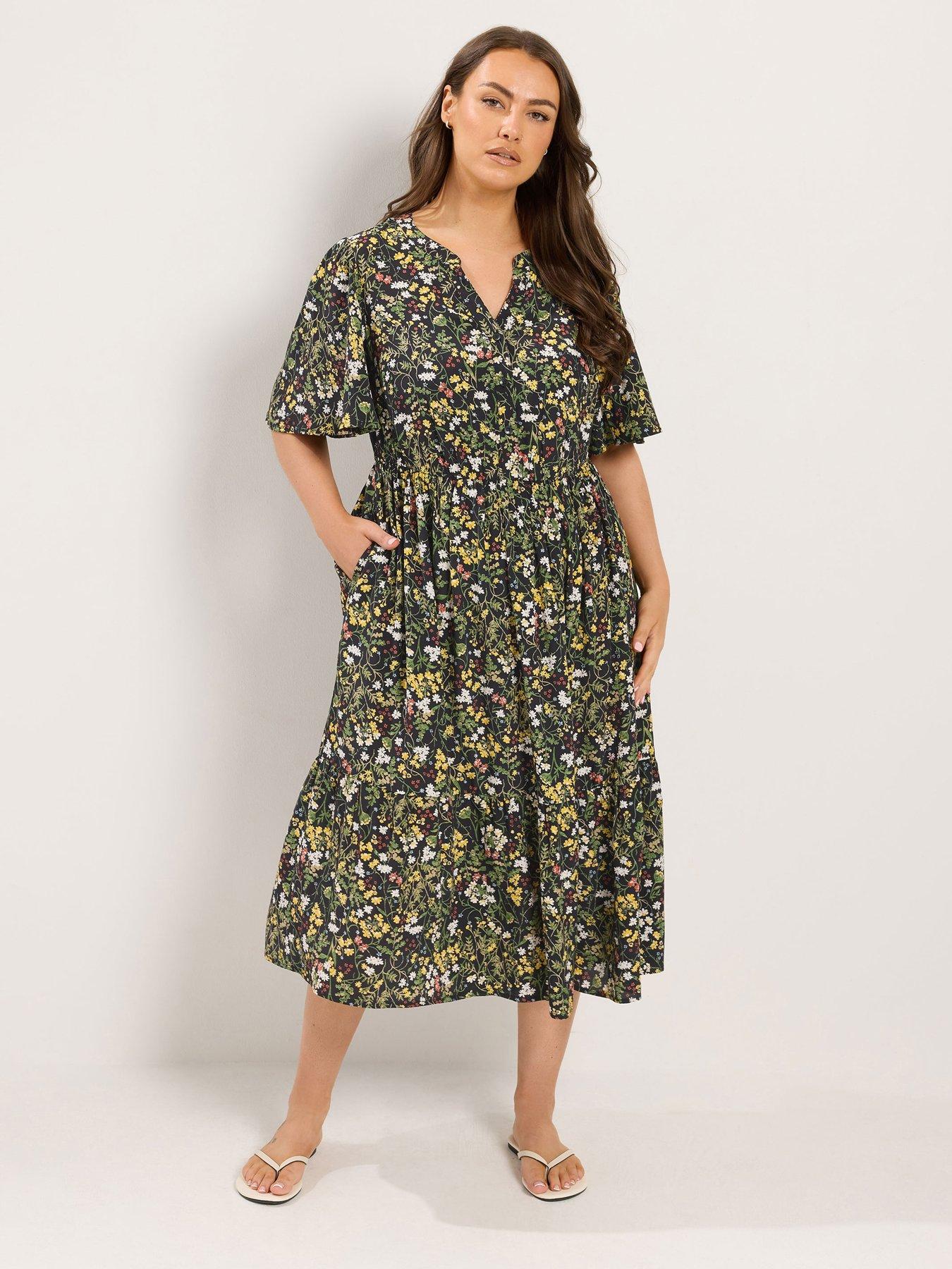 Yours Curve Floral Placket Dress - Black