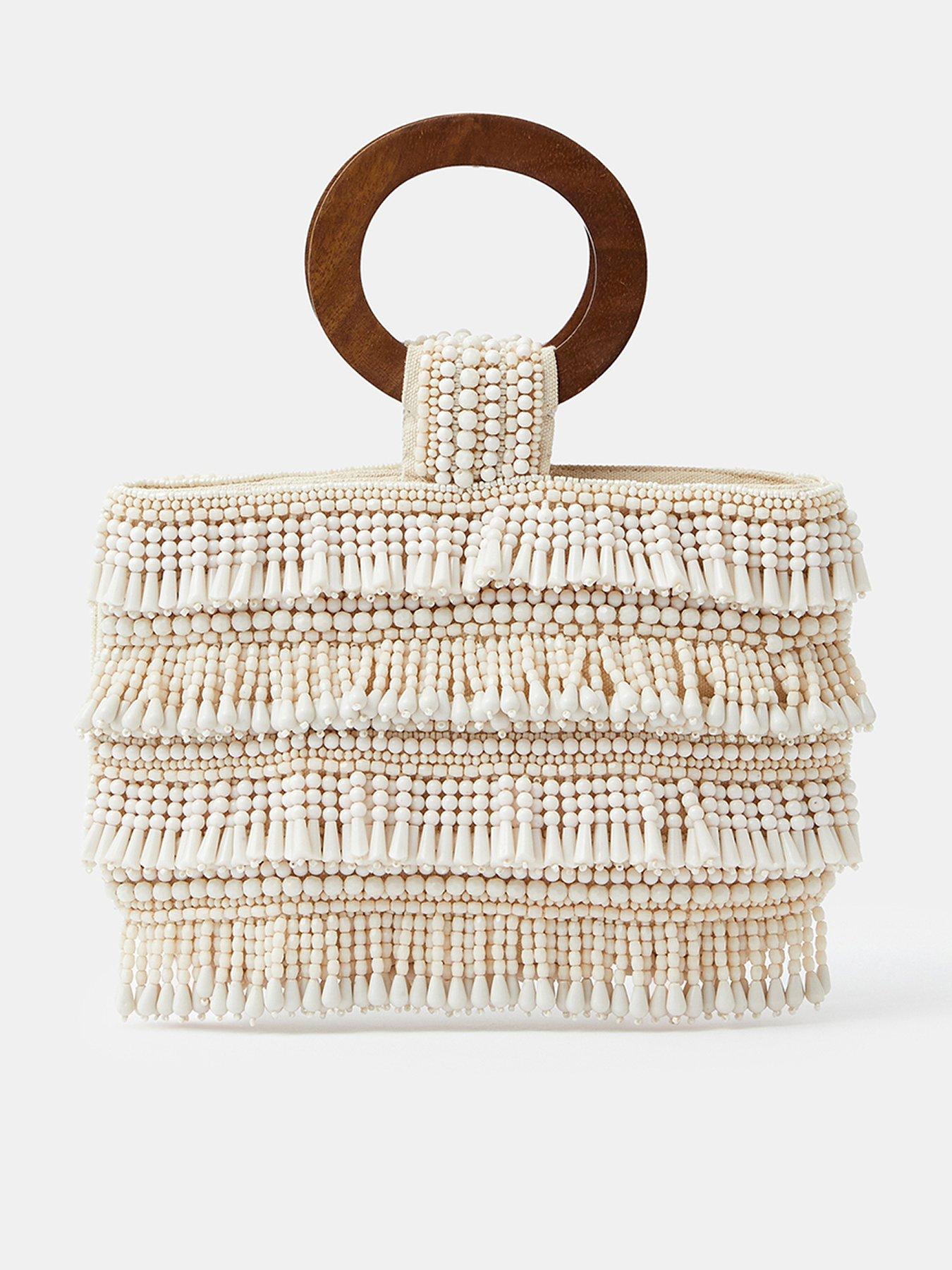 Accessorize Fringe Beaded Handheld Bag - Cream