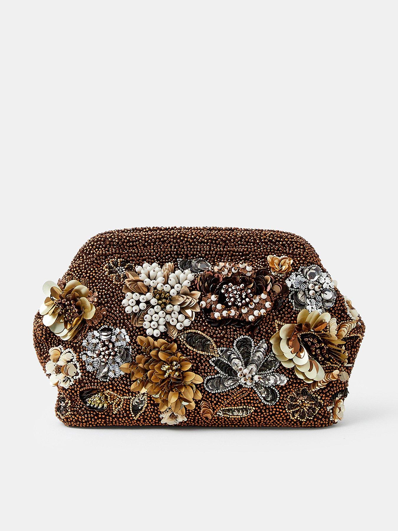 Accessorize 3D Floral Embellished Clutch Bag - Brown