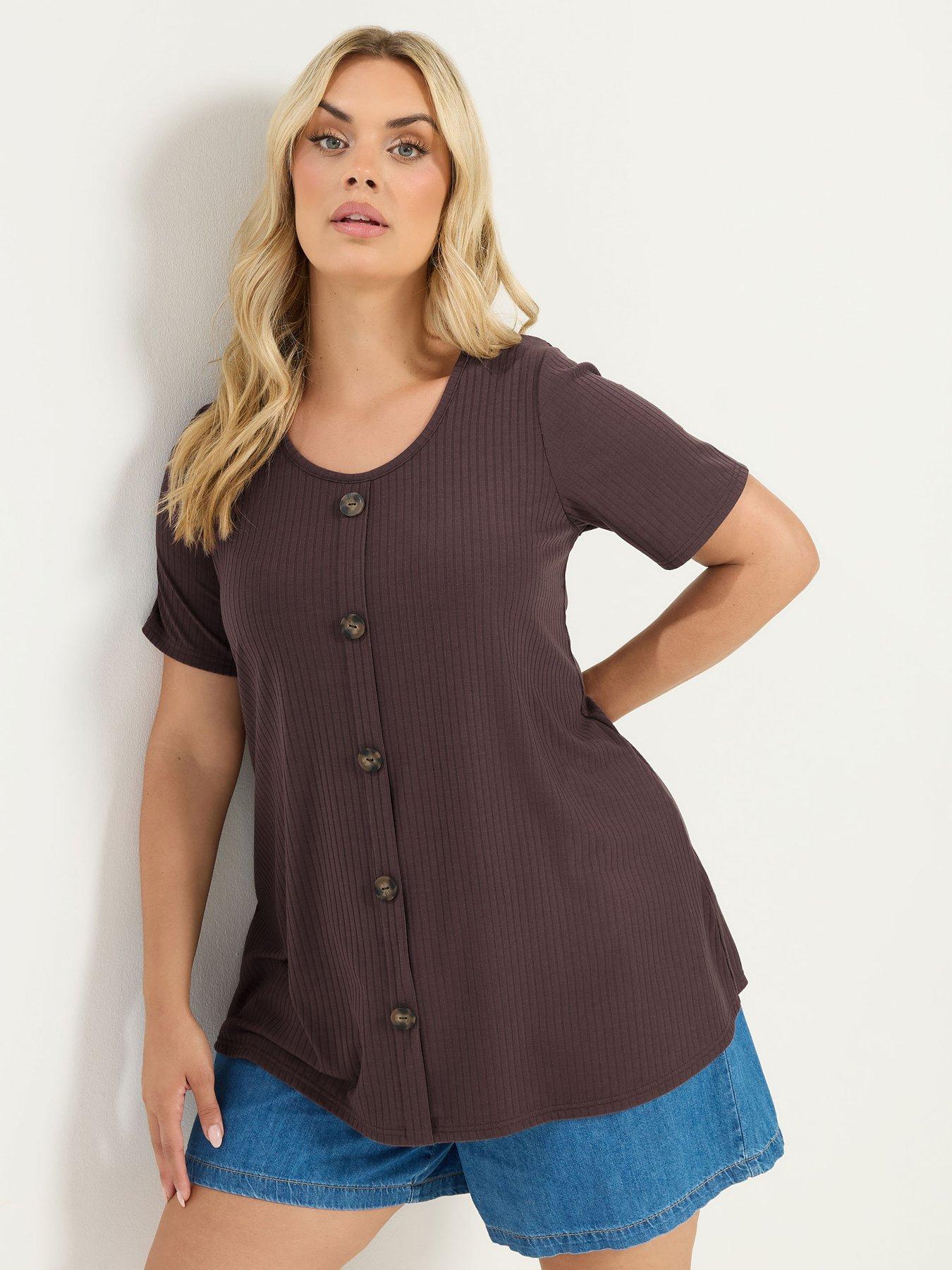 Yours Curve Rib Swing Button Front T-Shirt - Brown