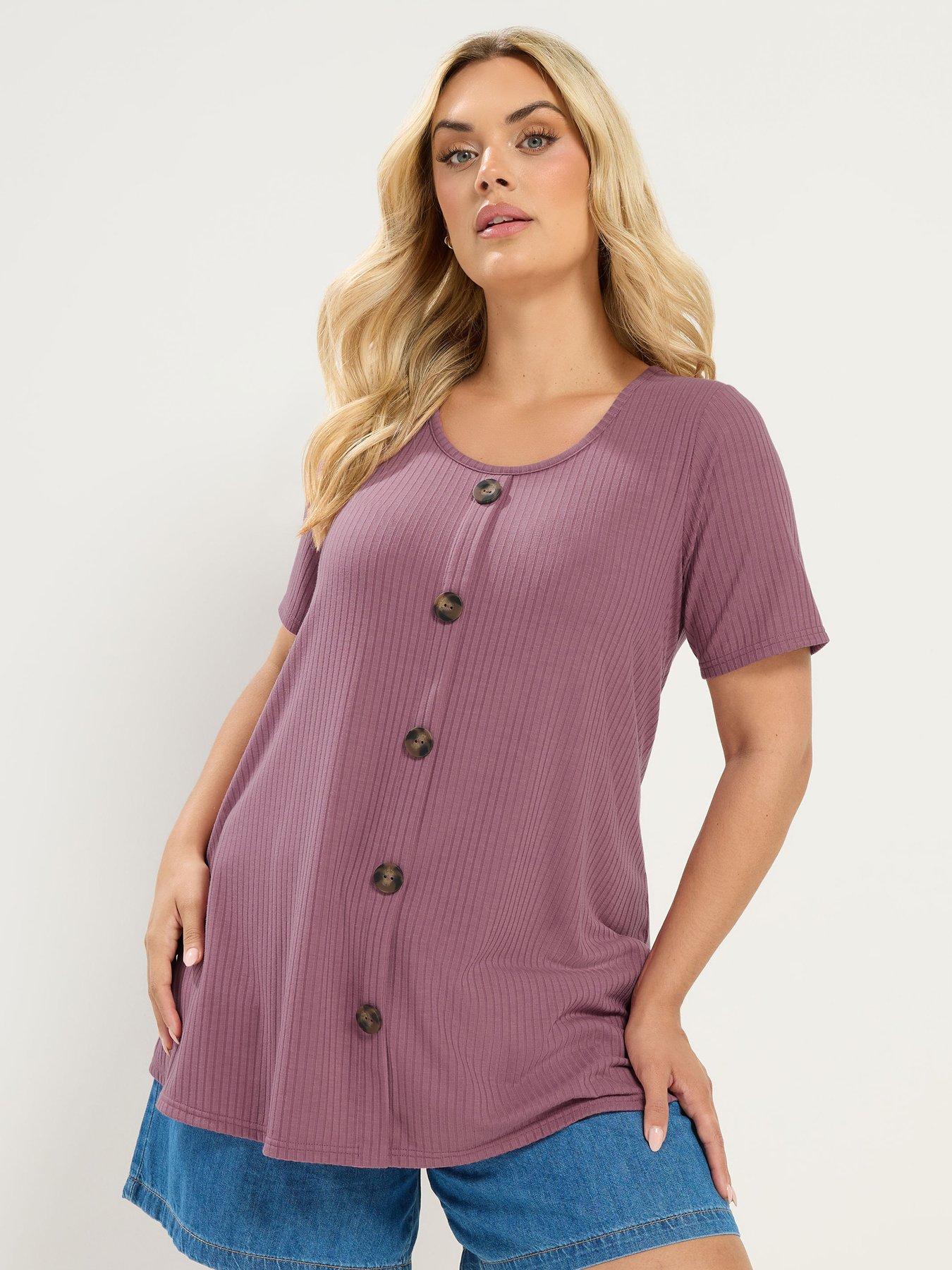 Yours Curve Rib Swing Button Front T-Shirt - Pink