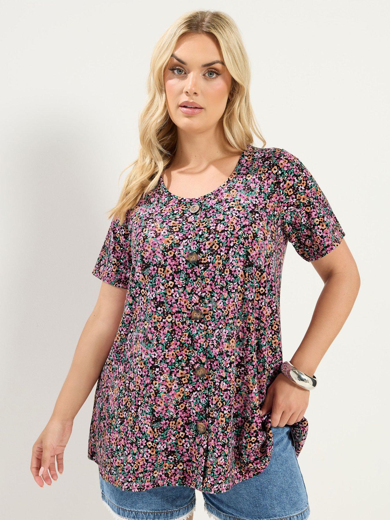 Yours Curve Ditsy Floral Ribbed T-Shirt - Pink