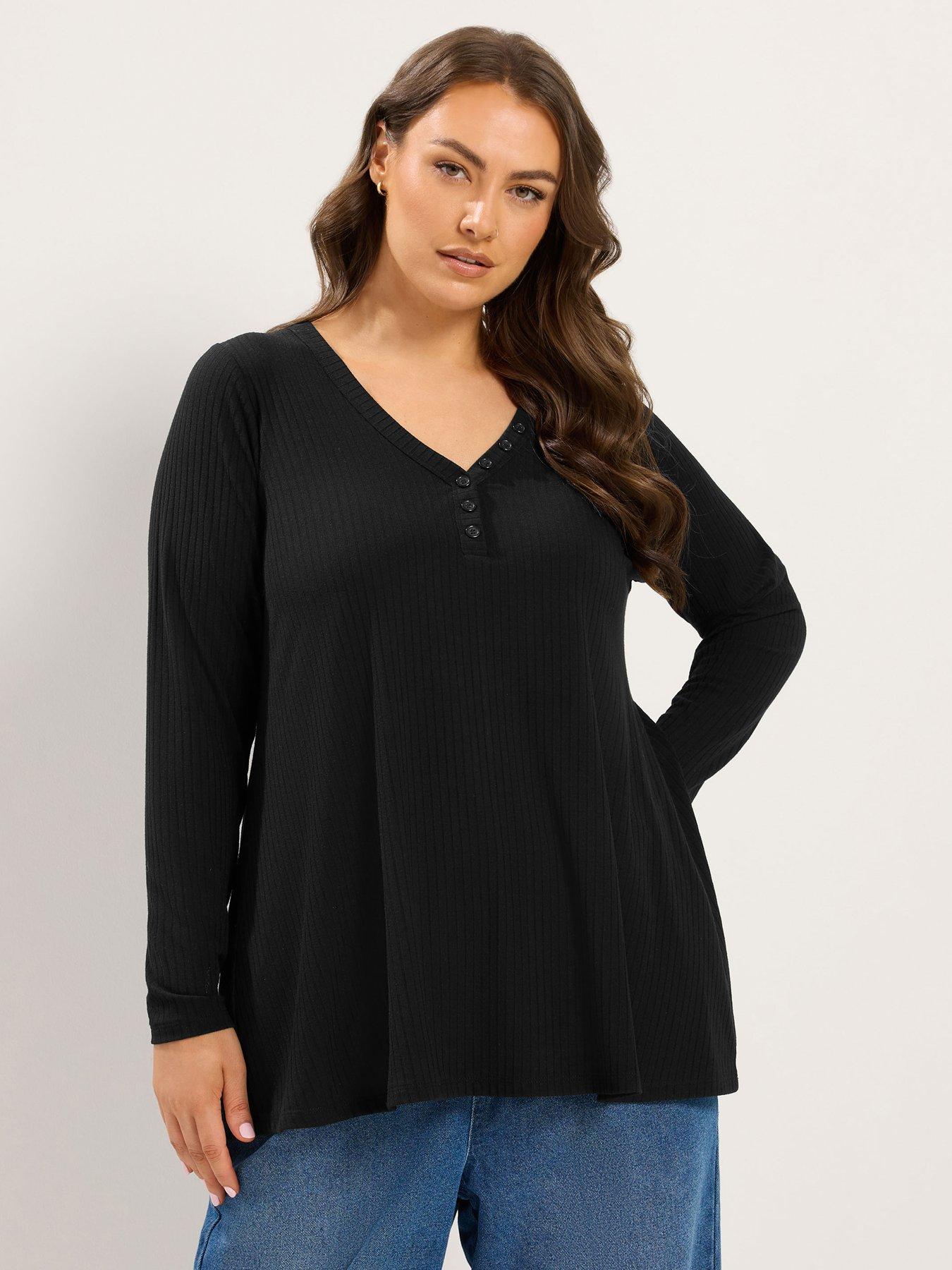 Image 1 of 4 of Yours Curve Henley Rib Swing Top - Black