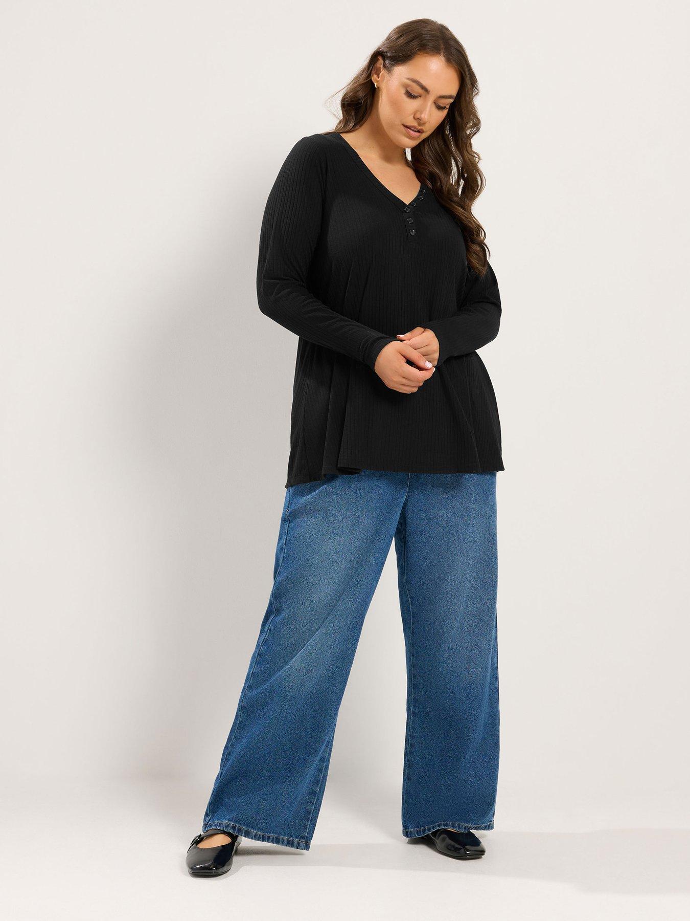 Image 3 of 4 of Yours Curve Henley Rib Swing Top - Black