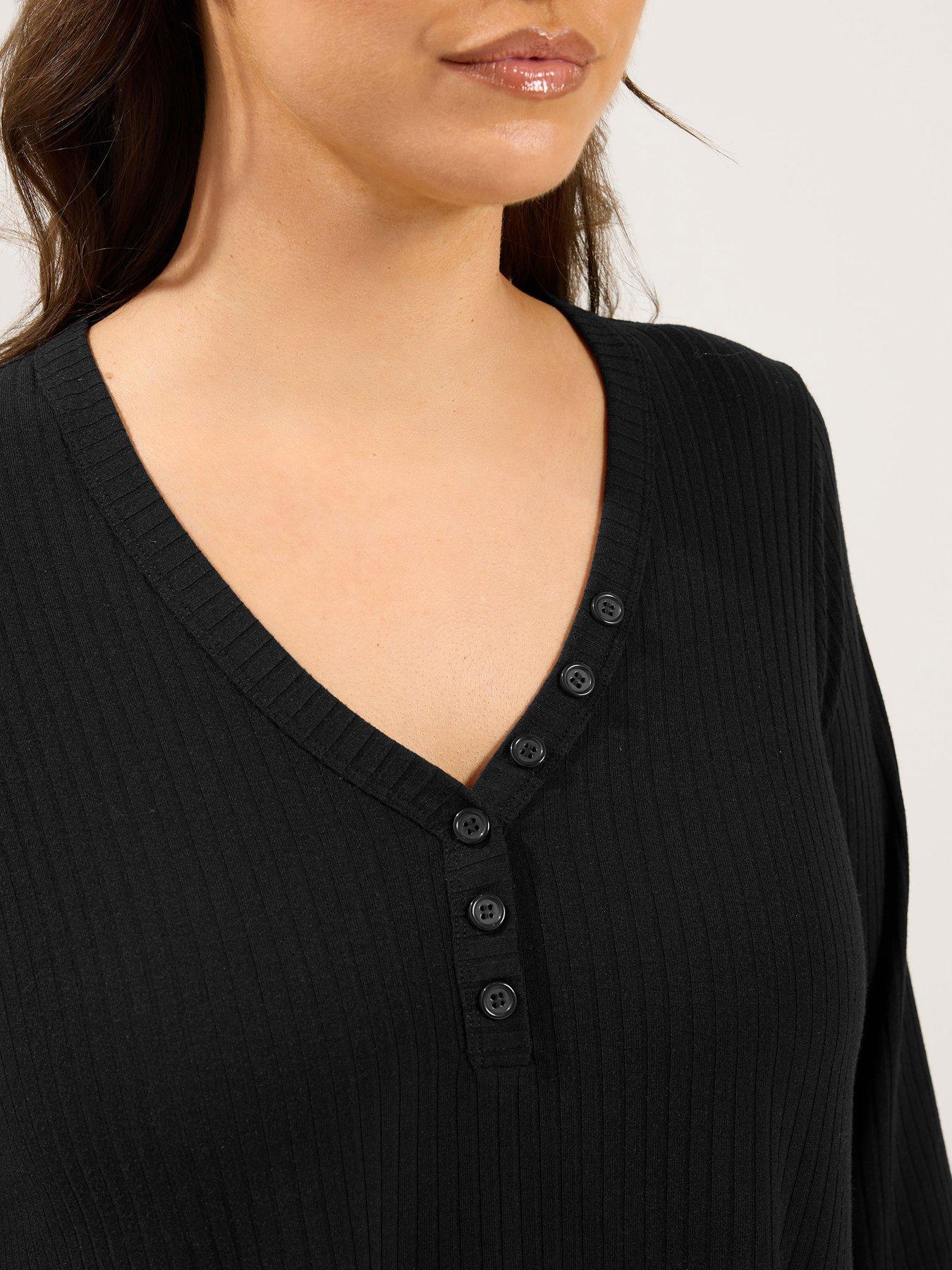 Image 4 of 4 of Yours Curve Henley Rib Swing Top - Black