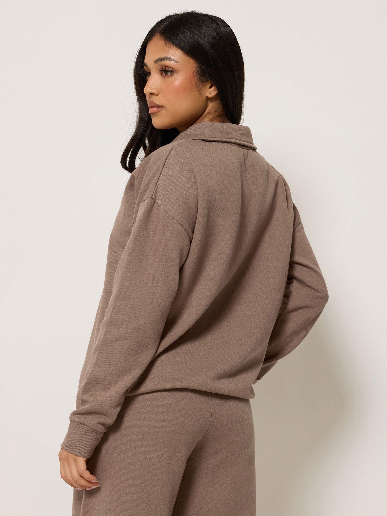 Image 2 of 4 of PixieGirl Petite Funnel Neck Zip Sweatshirt - Brown