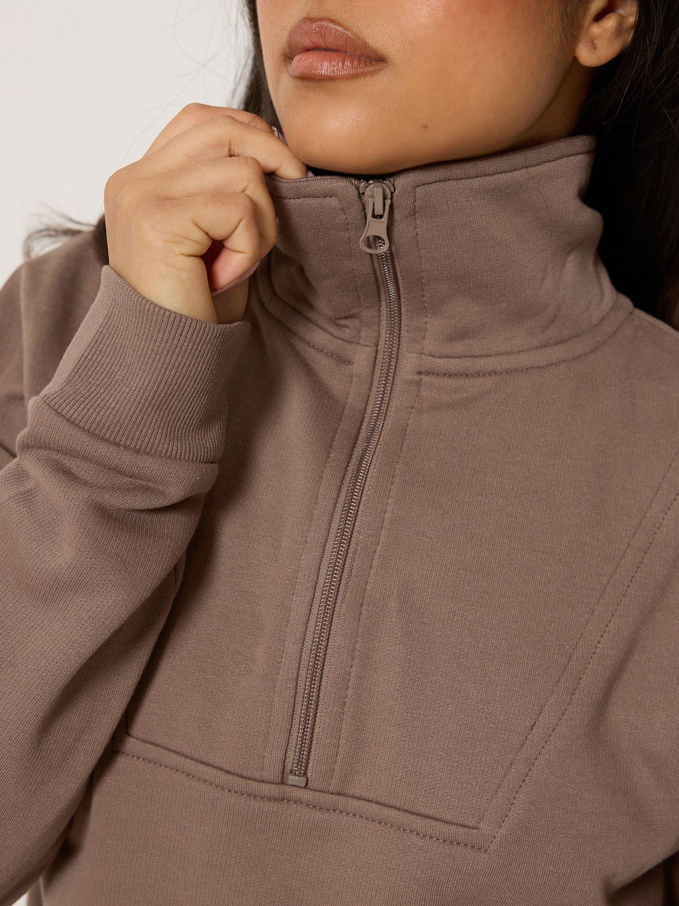 Image 4 of 4 of PixieGirl Petite Funnel Neck Zip Sweatshirt - Brown