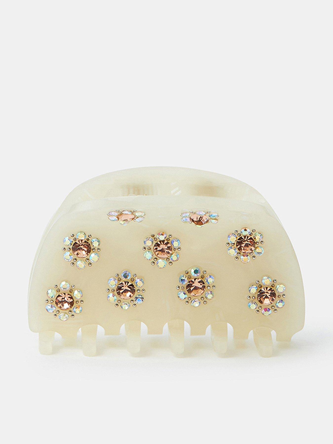 Image 1 of 2 of Accessorize Sparkle Floral Claw Hair Clip - Cream
