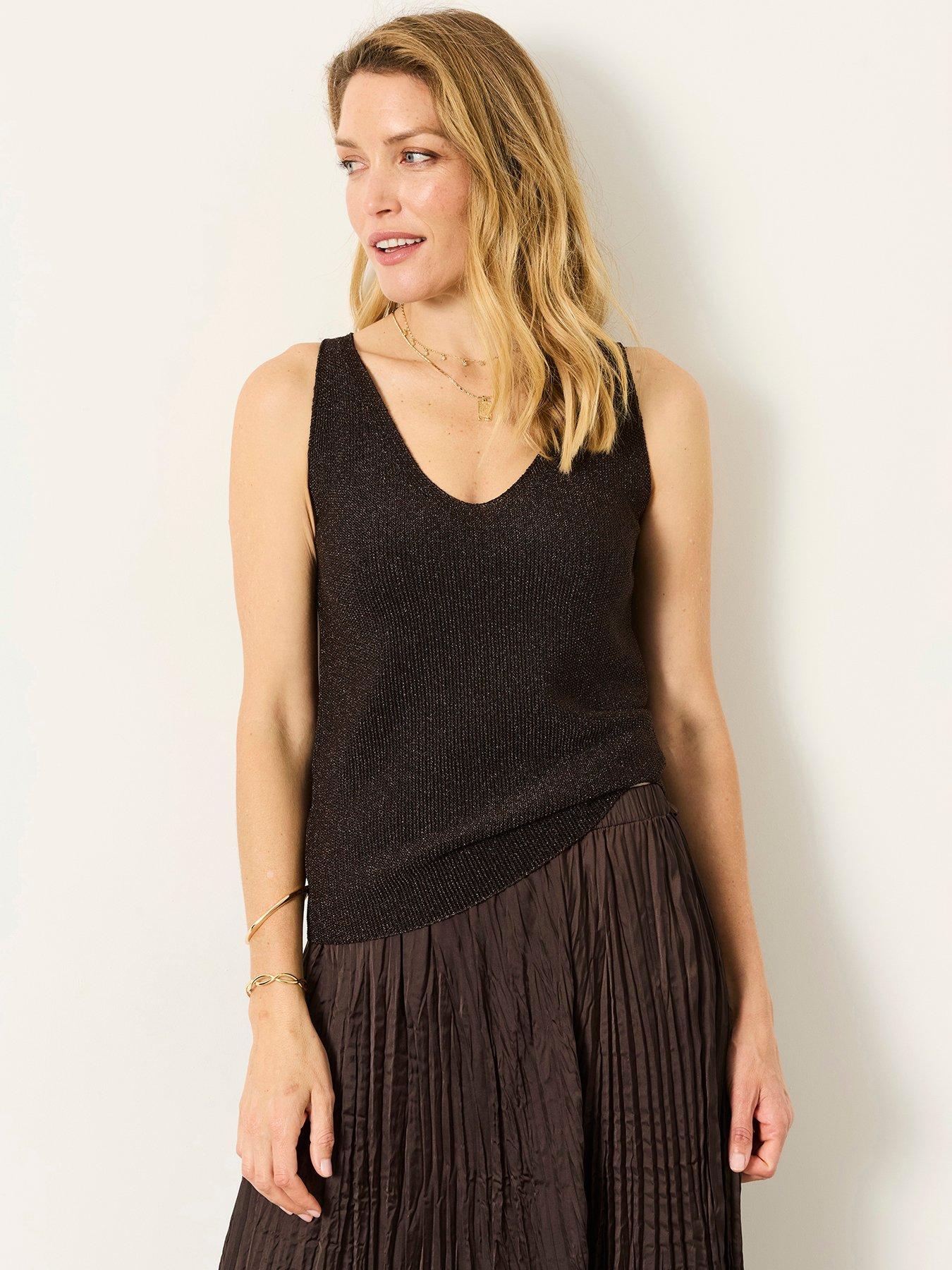 FatFace Women's Evelyn Metallic Knit Vest Top with Shimmer Finish - Brown