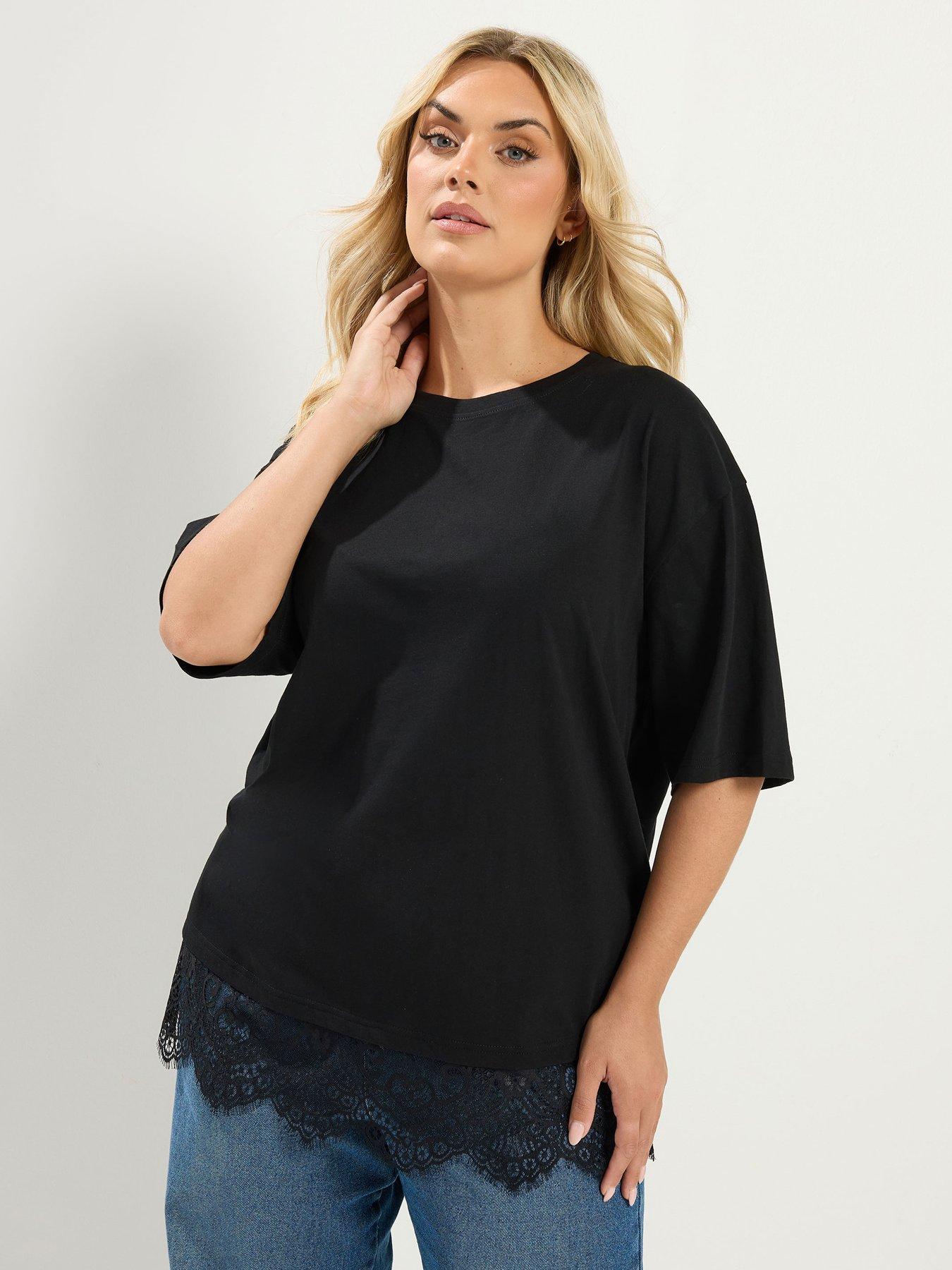Image 1 of 4 of Yours Curve Lace Hem T-Shirt - Black