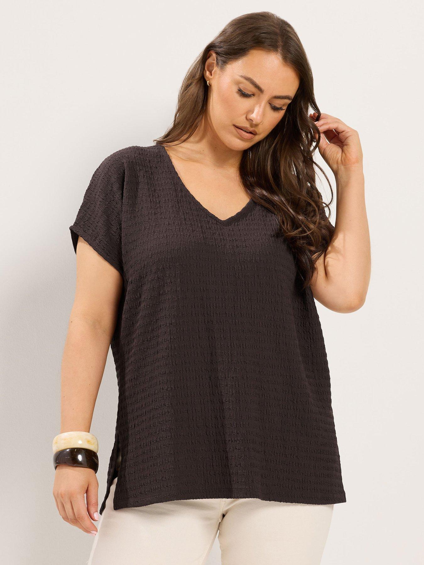 Image 1 of 4 of Yours Curve Textured Grown On Sleeve T-Shirt - Brown