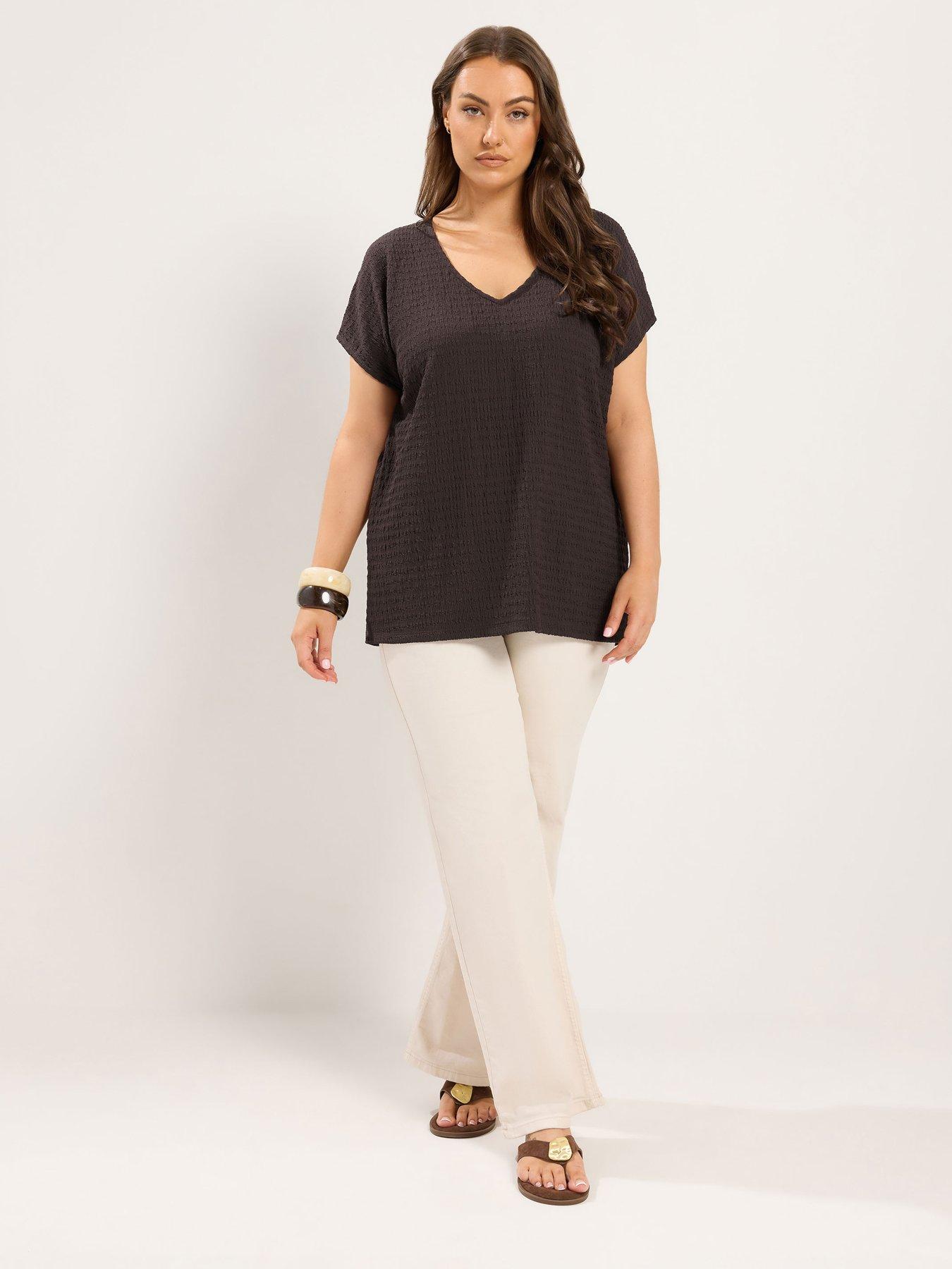 Image 3 of 4 of Yours Curve Textured Grown On Sleeve T-Shirt - Brown