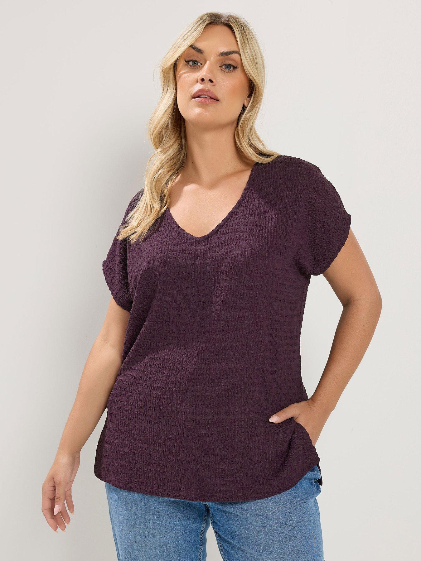 Yours Curve Textured Grown On Sleeve T-Shirt - Purple