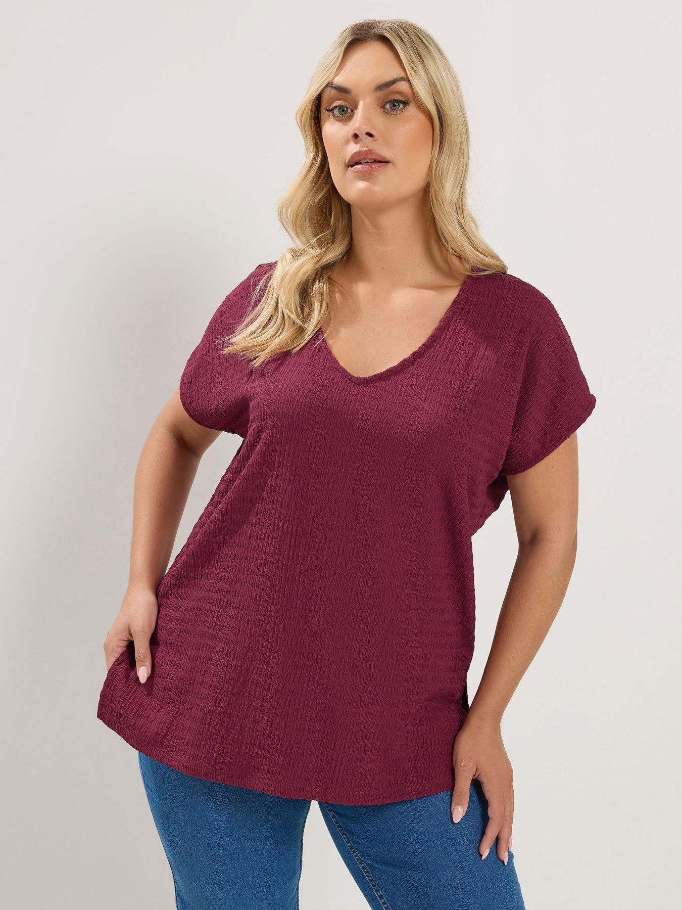 Yours Curve Textured Grown On Sleeve V Neck T-Shirt - Red