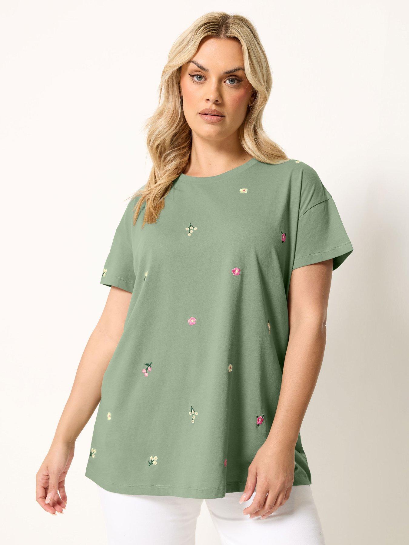 Yours Curve Embroidery Blossom T-Shirt - Green