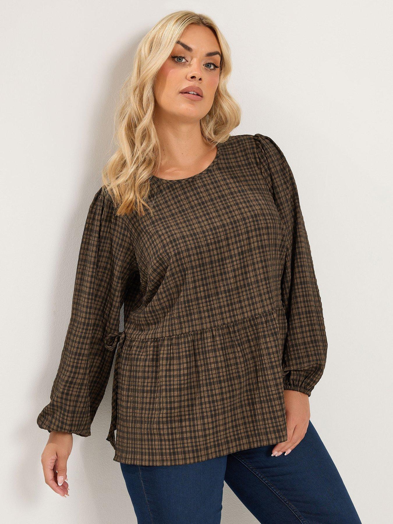 Yours Curve Check Textured Tie Side Top - Brown