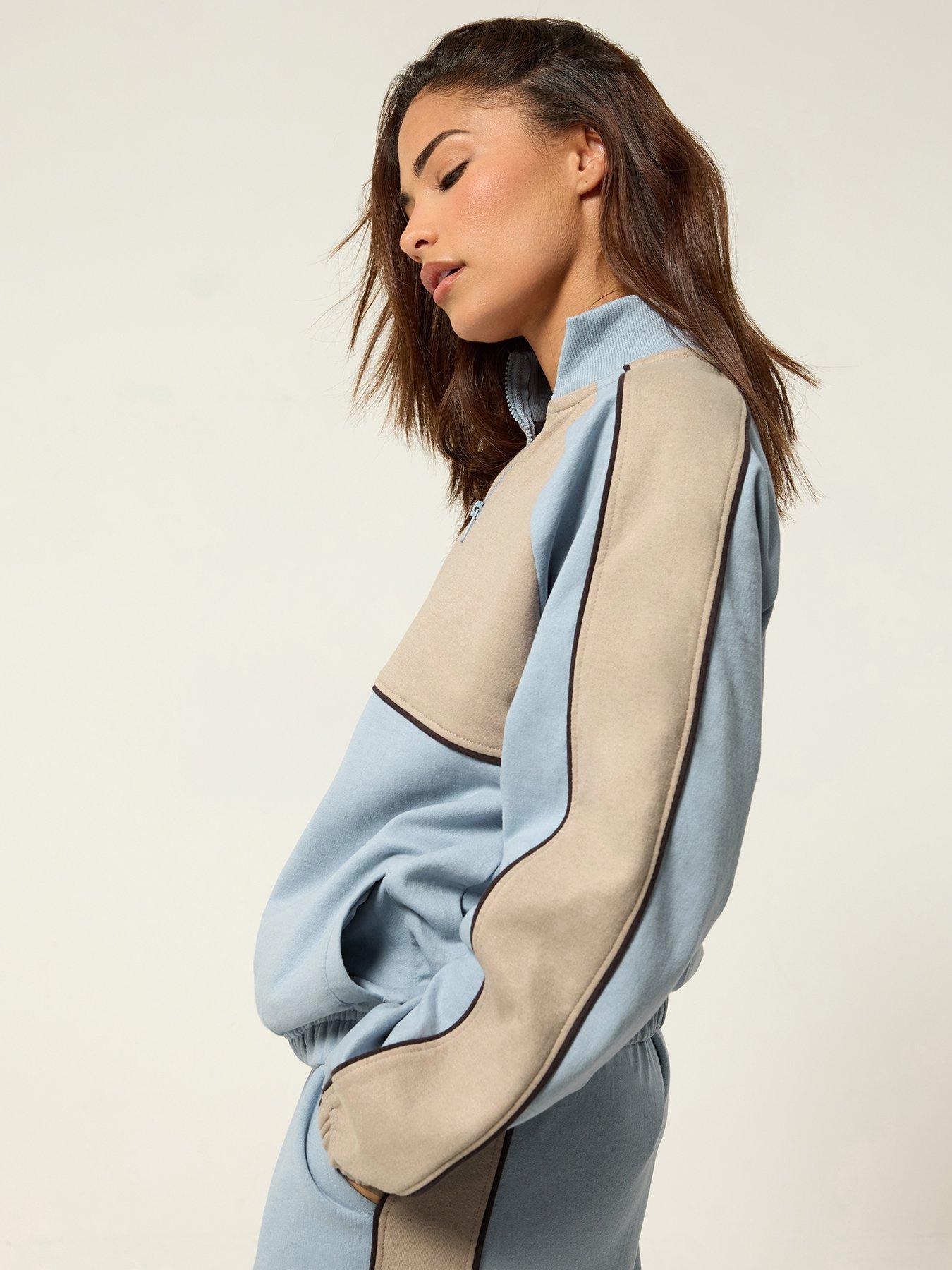 Image 1 of 4 of PixieGirl Petite Colour Block Zip Sweatshirt - Blue/Brown