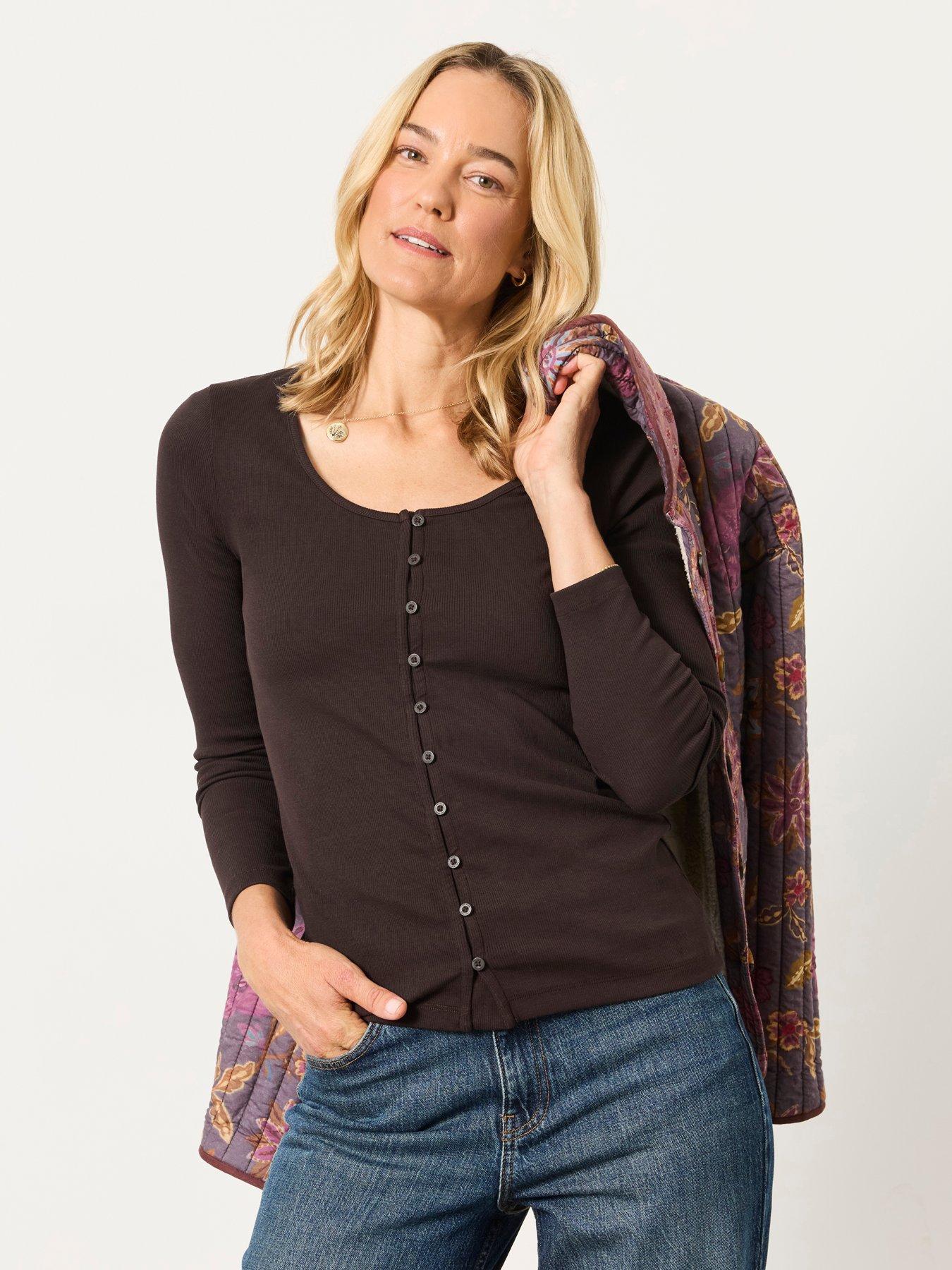 FatFace Women's Bethan Ribbed Button Front Long Sleeve Top - Brown