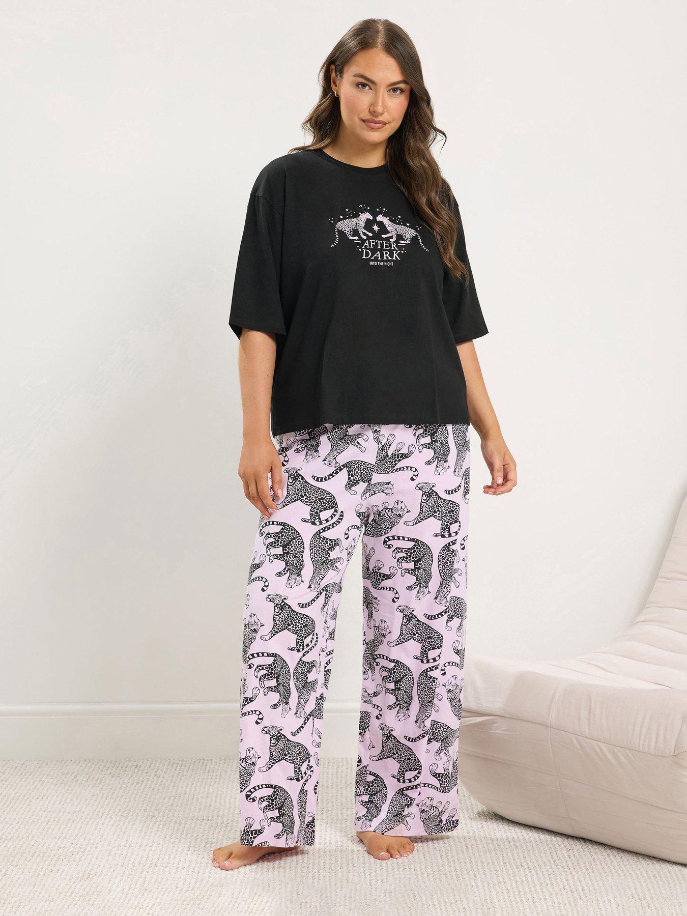Yours YOURS Curve Leopard Extra Wide Leg Pyjama Set - Black