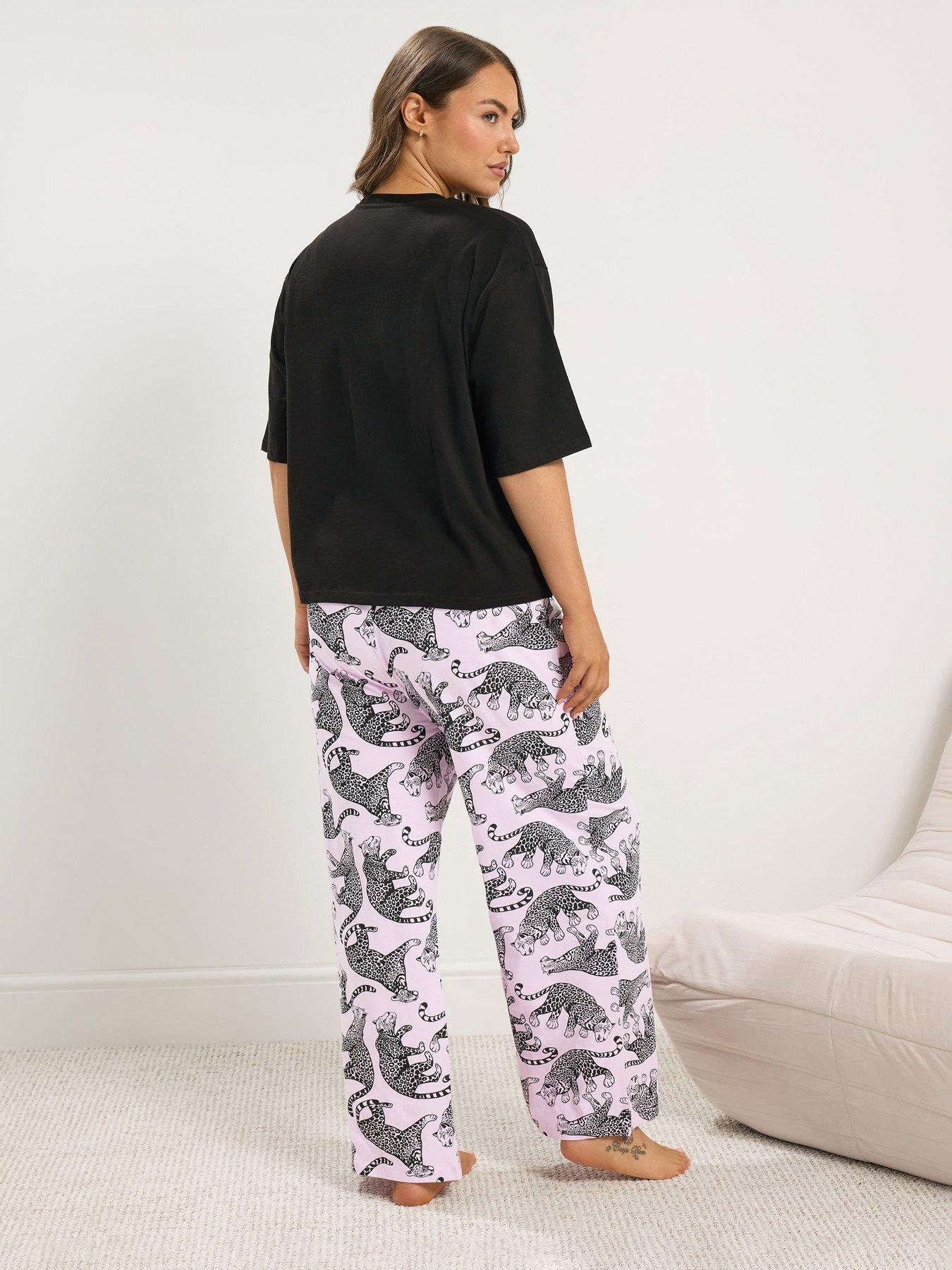 Image 2 of 4 of Yours Curve Leopard Extra Wide Leg Pyjama Set - Black