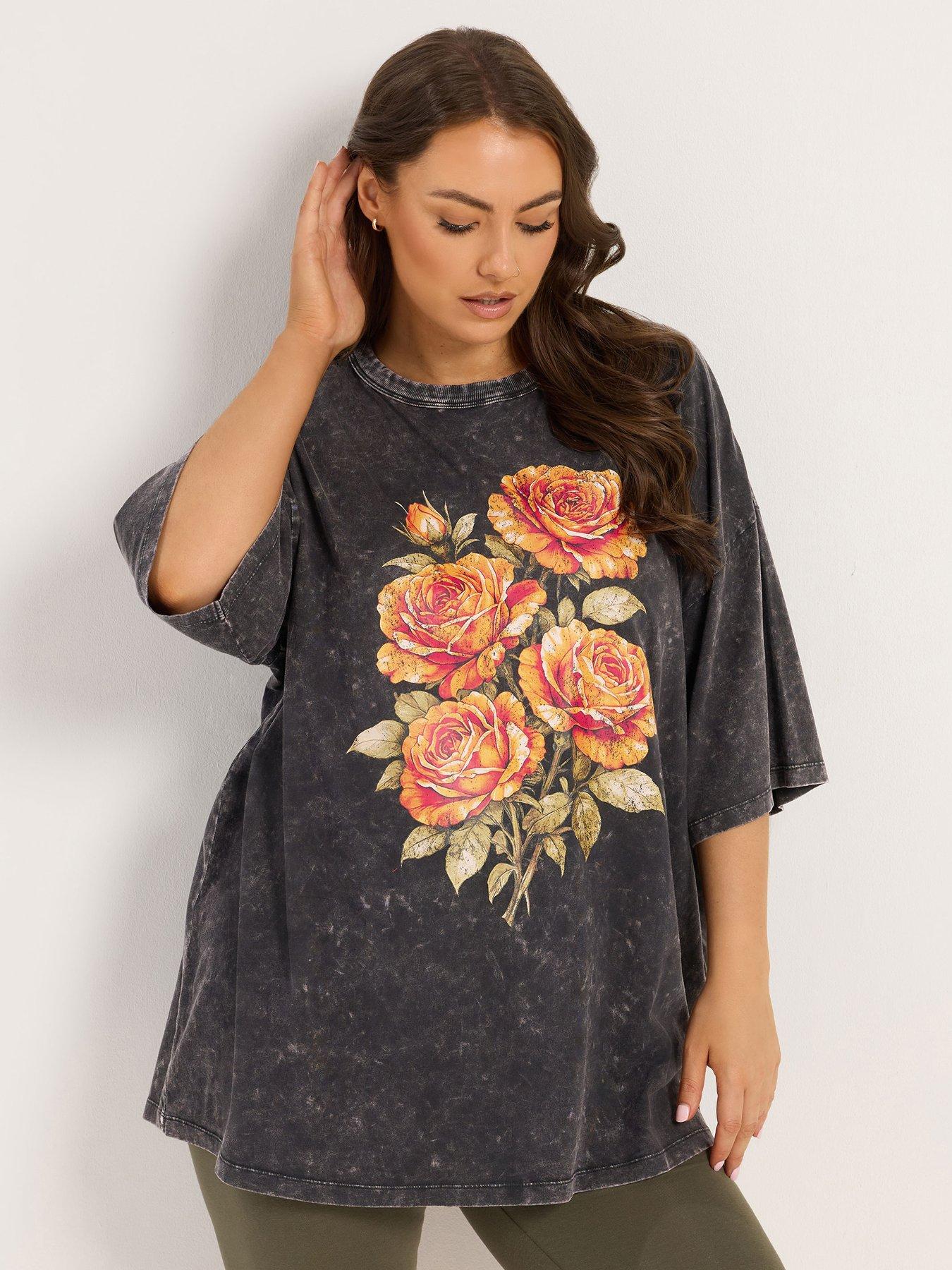 Image 1 of 4 of Yours Curve Grey Acid Wash Rose Boxy T-Shirt - Grey