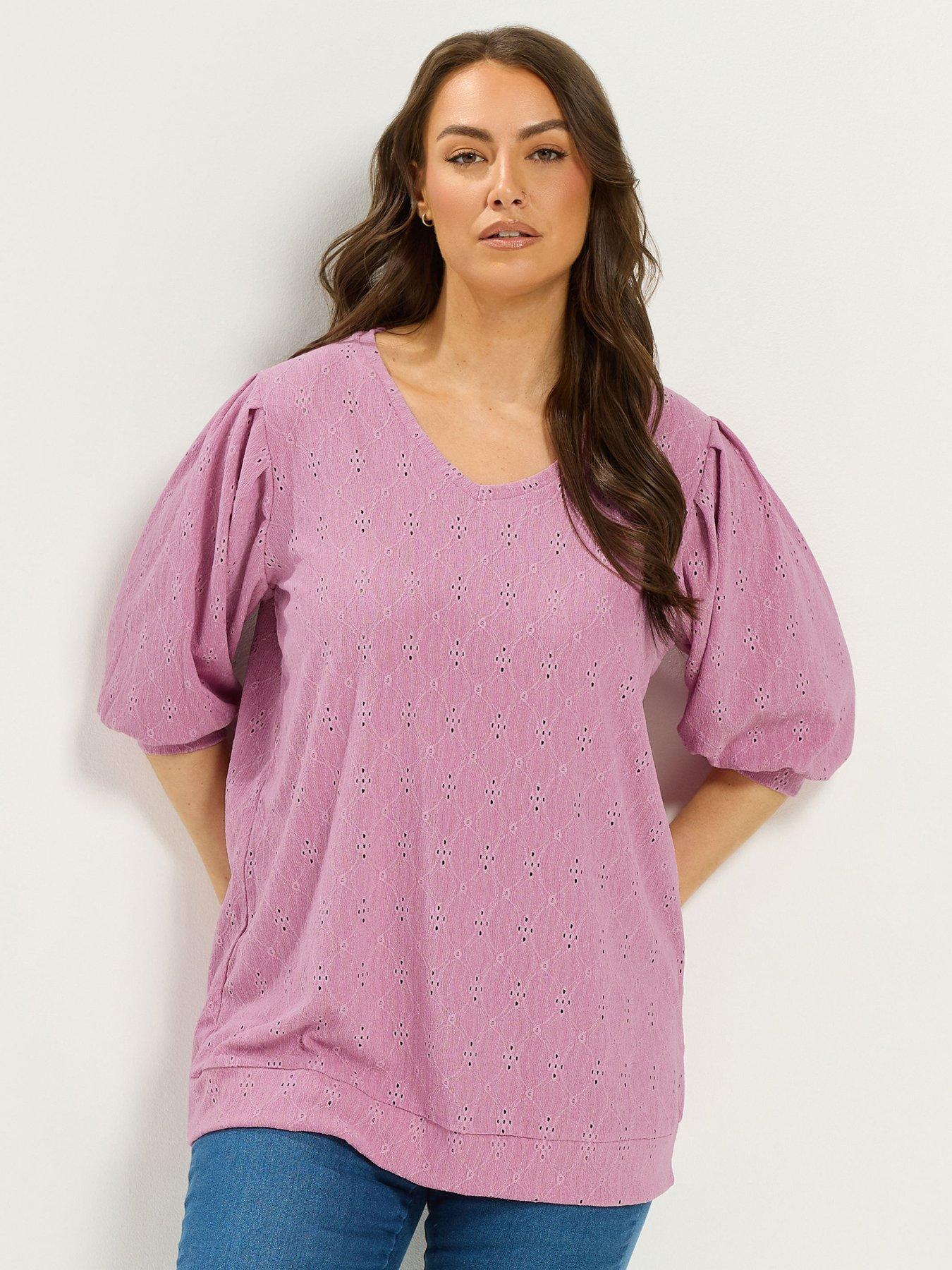 Yours Curve Broderie Anglaise Balloon Sleeve Top - Pink