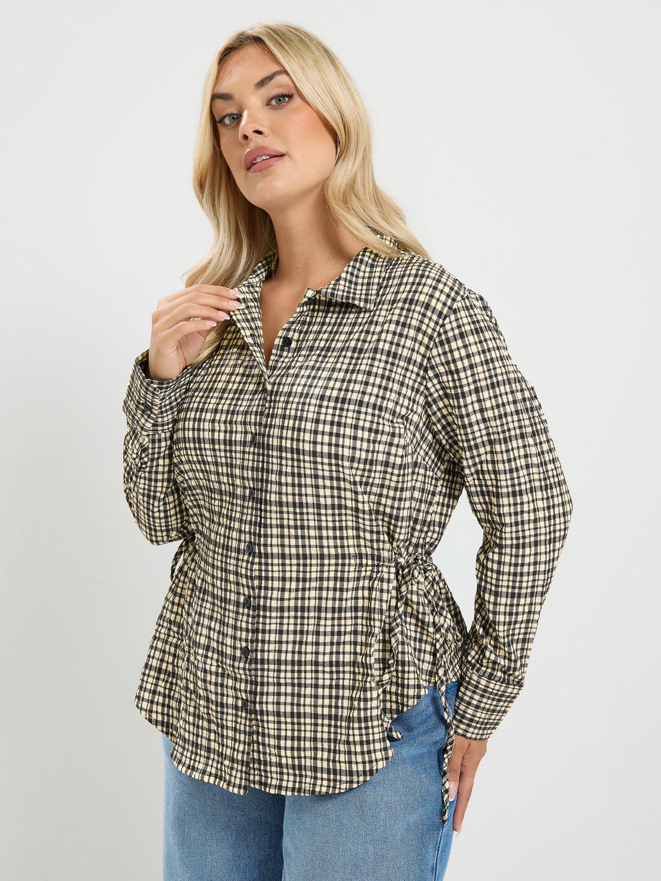Yours Curve Check Textured Side Ruched Shirt - Black