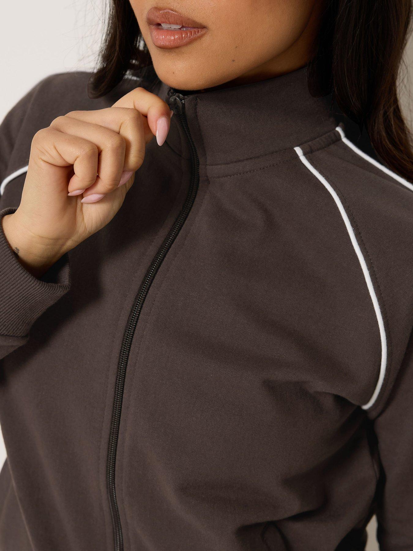 Image 4 of 4 of PixieGirl Petite Contrast Piping Zip Through&nbsp;Jacket - Brown