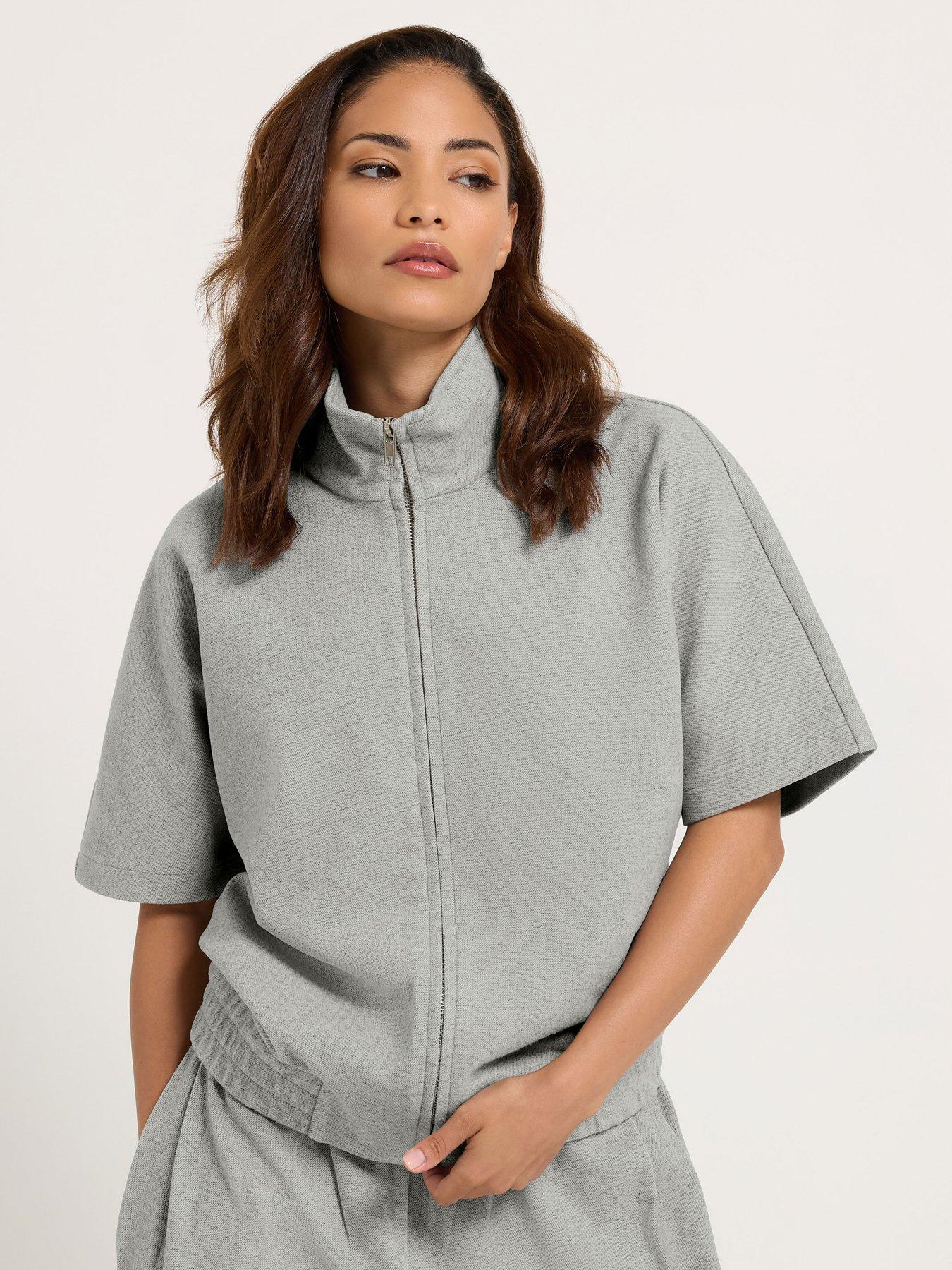 Image 1 of 4 of PixieGirl Petite Brushed Funnel Neck Short Sleeve Jacket - Grey