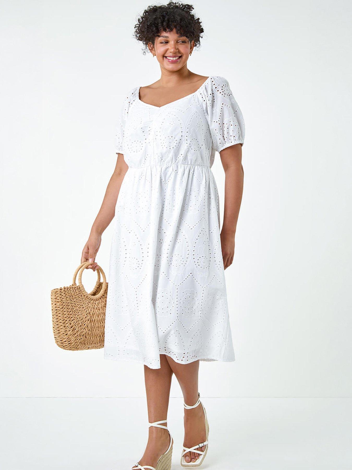 Roman Curve Cotton Broderie Midi Dress