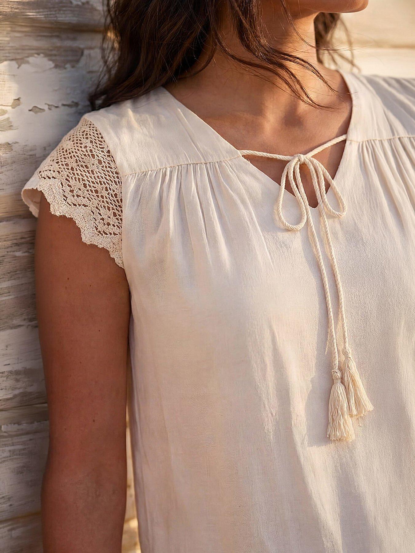 Image 2 of 4 of Roman Satin Crochet Tie Front Tunic Top