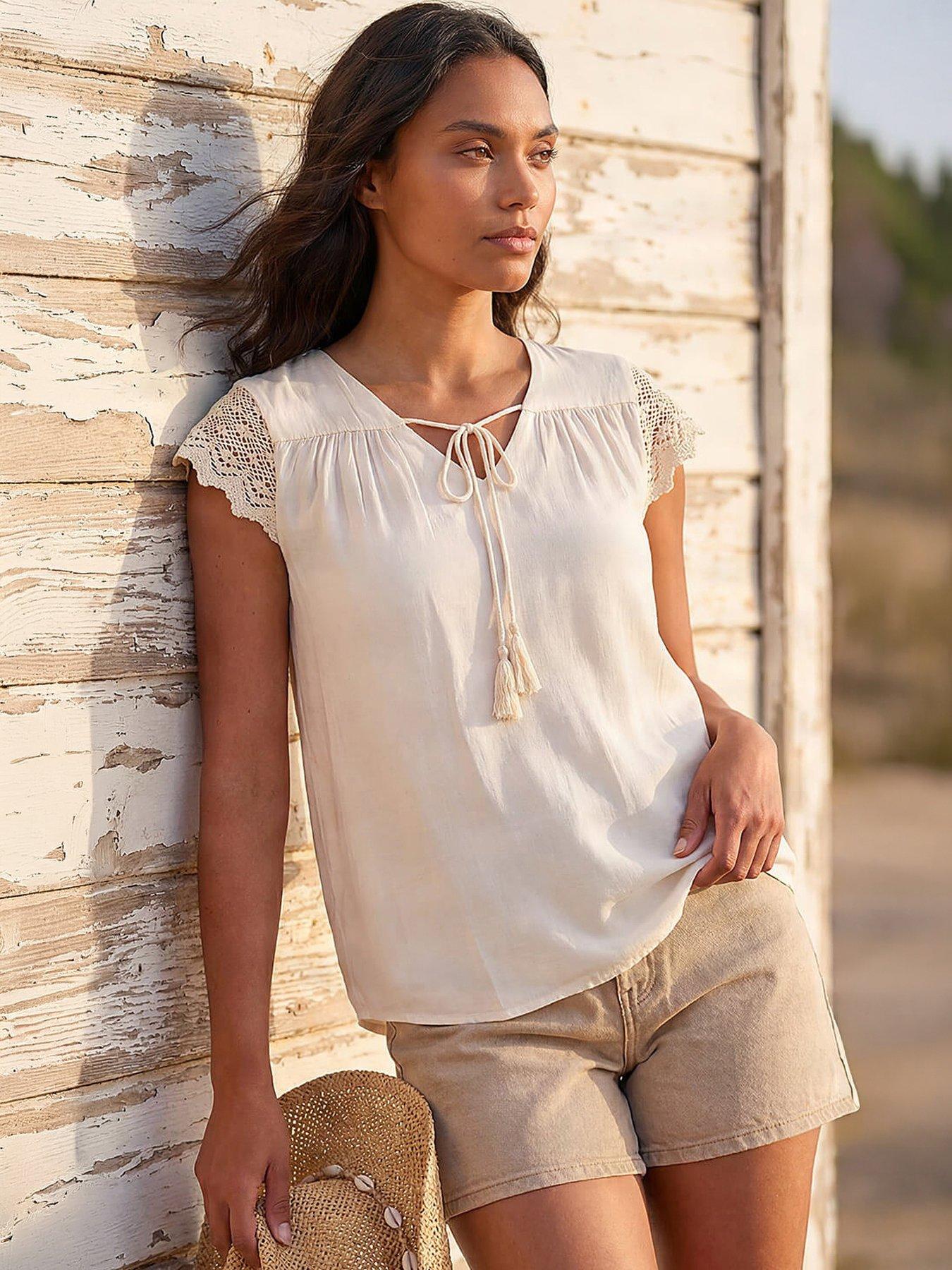 Image 3 of 4 of Roman Satin Crochet Tie Front Tunic Top