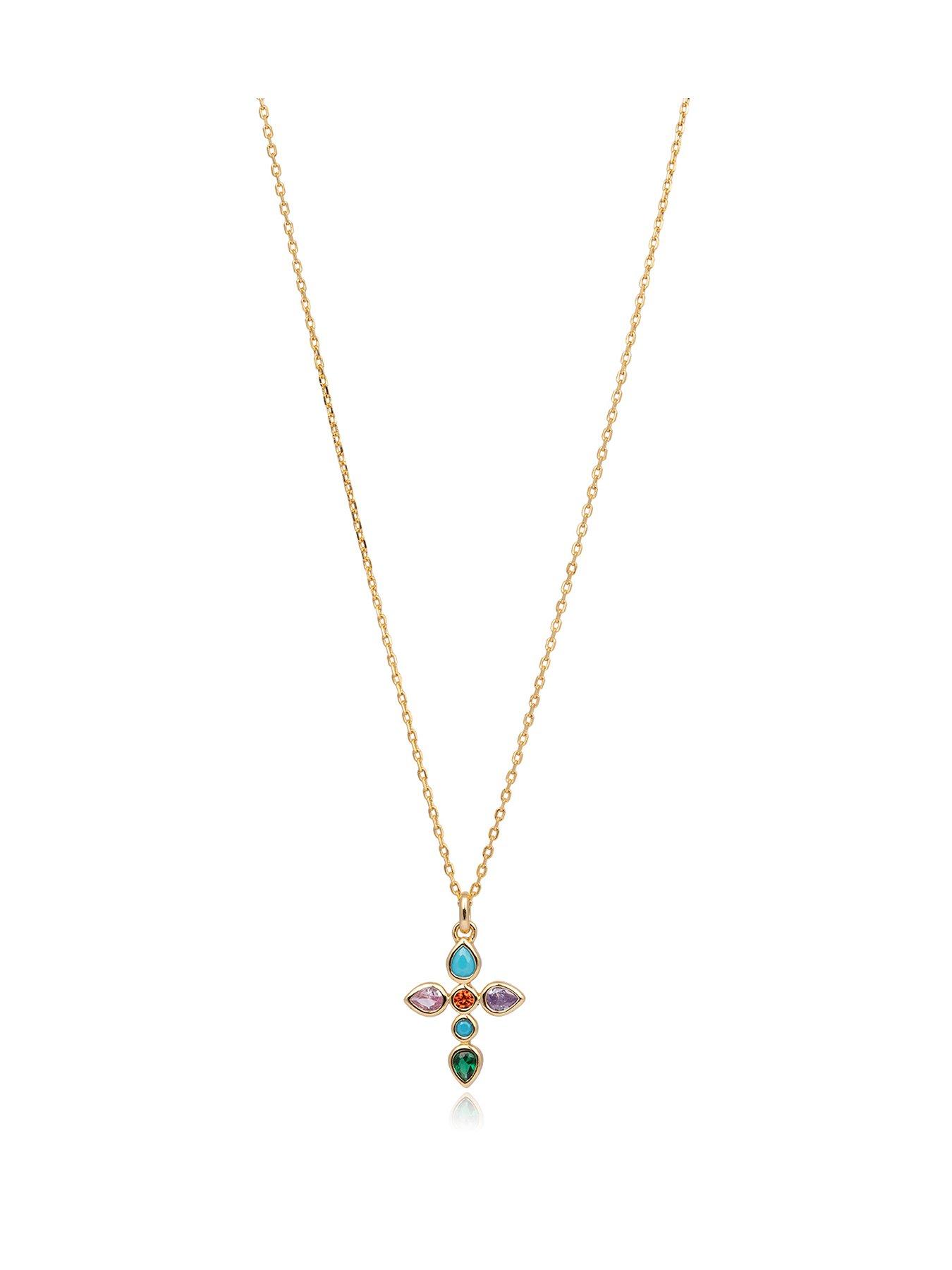 The Love Collection Gold Plated Sterling Silver Rainbow CZ Cross Necklace