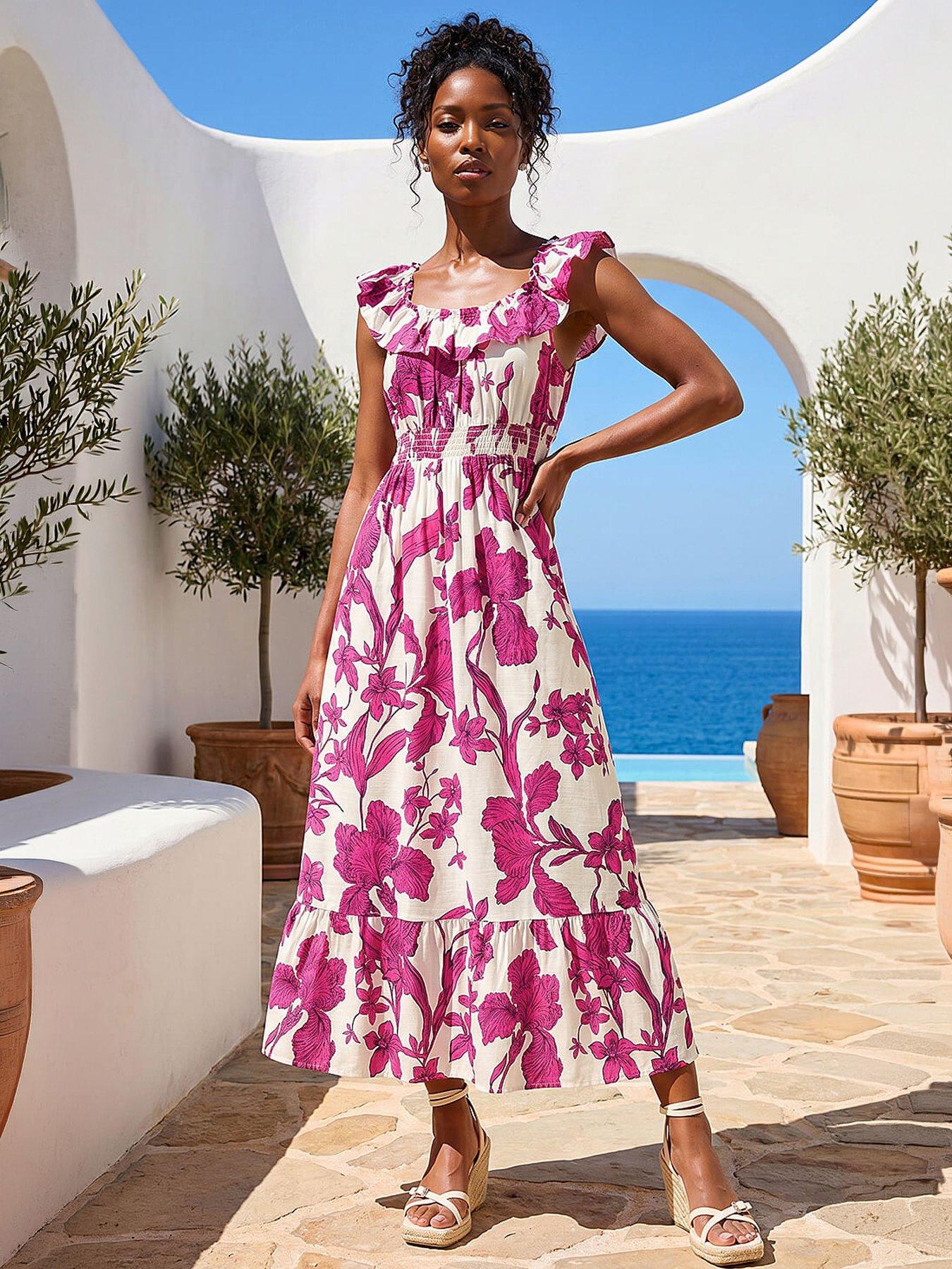 Roman Floral Print Frill Shirred Midi Dress