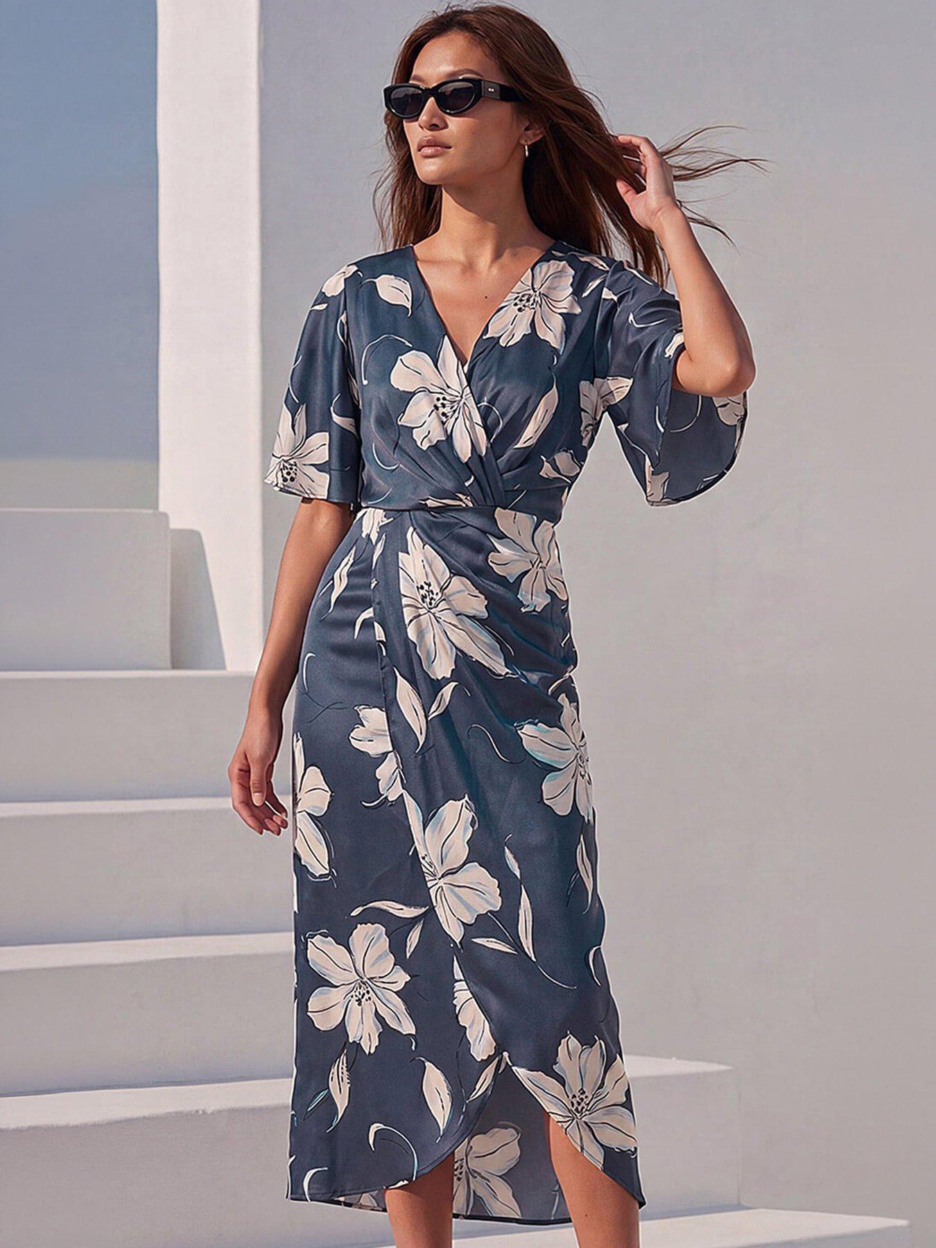 Roman Floral Print Wrap Twist Dress